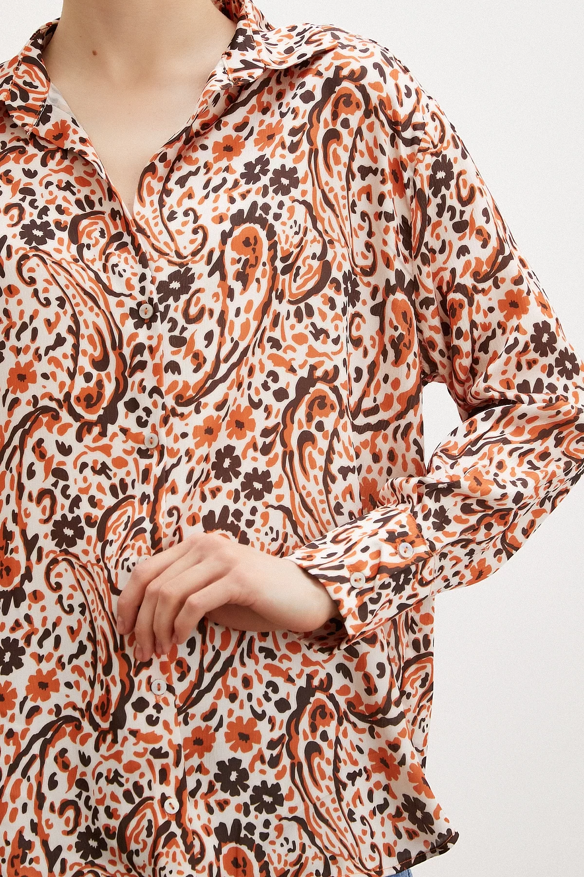 Patterned Waffle Satin Shirt Orange