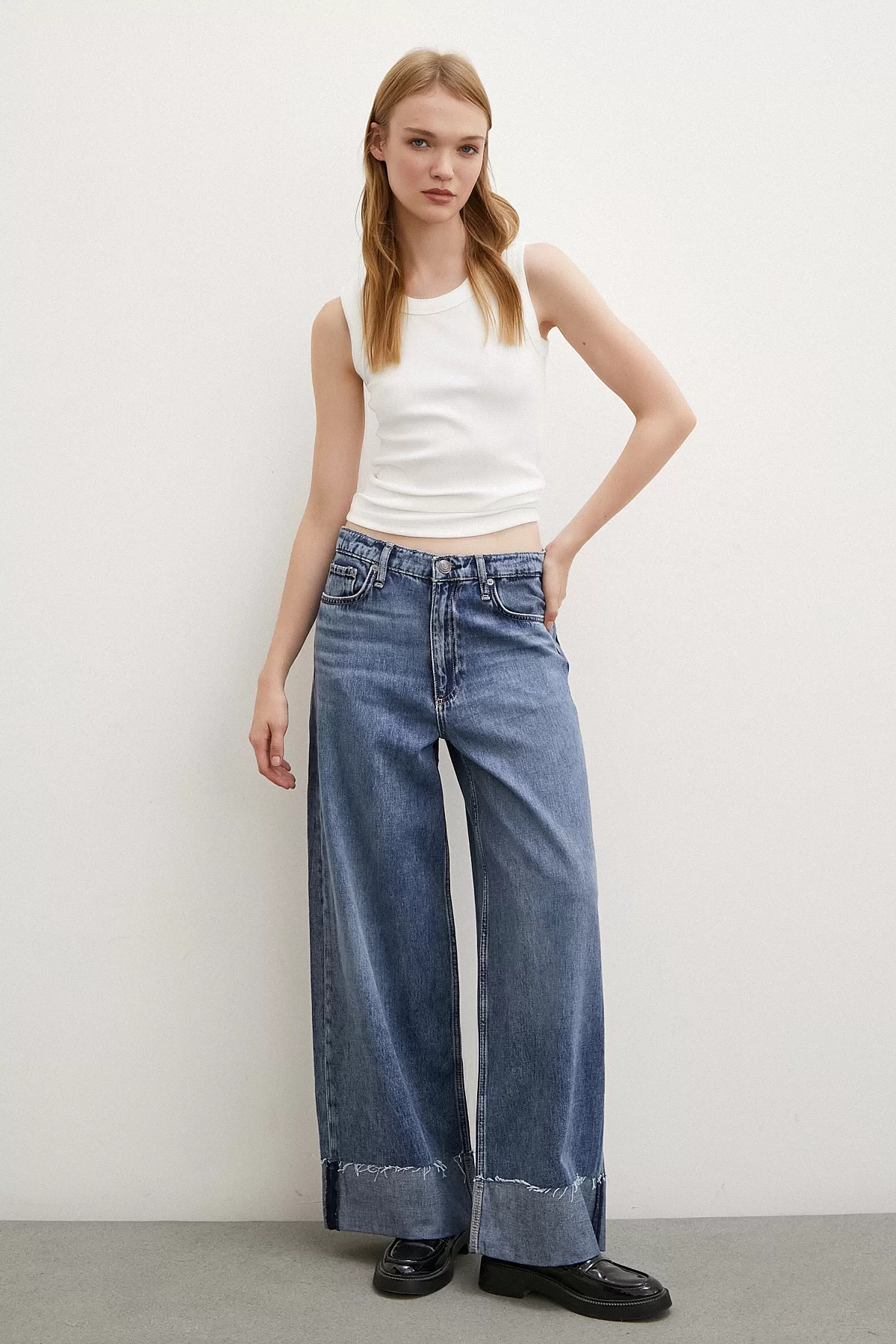 High Waist Folded Wide Leg Jeans Blue