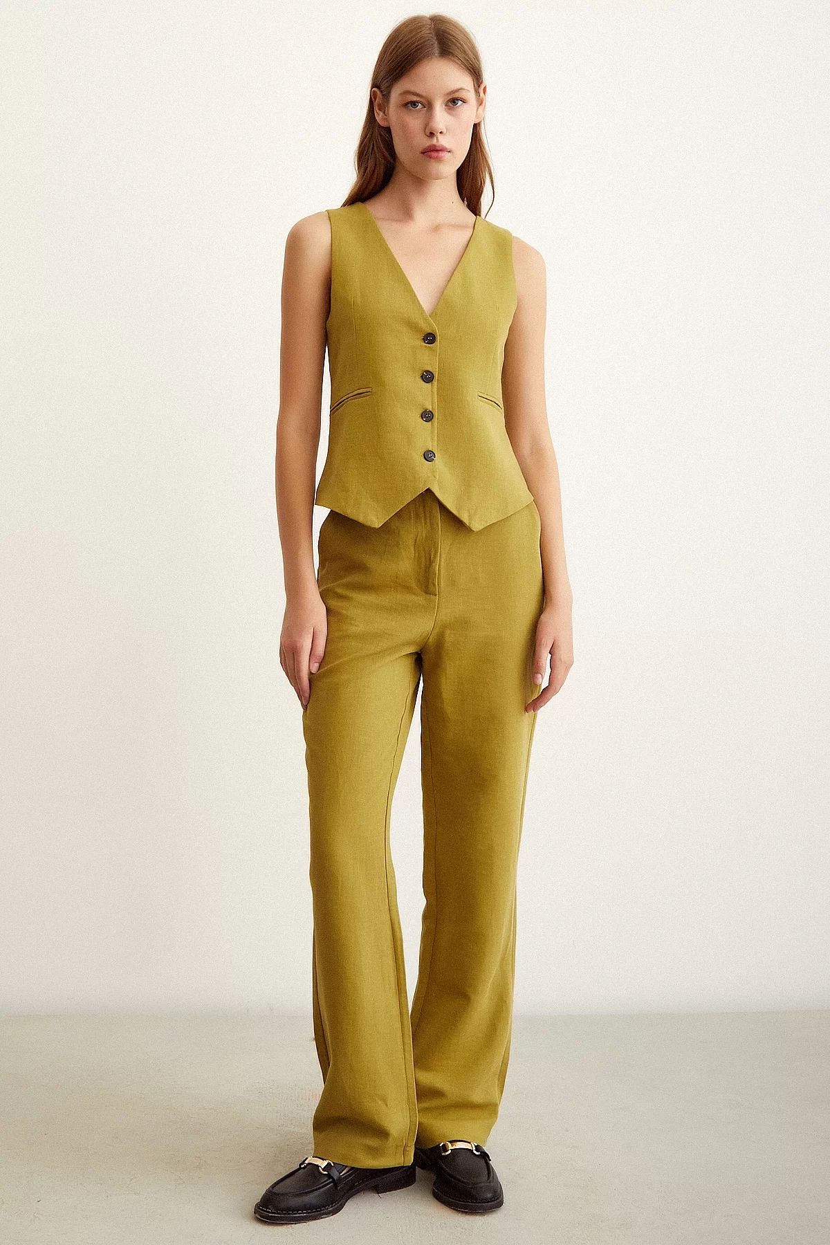 High Waist Linen Pants in Olive Green