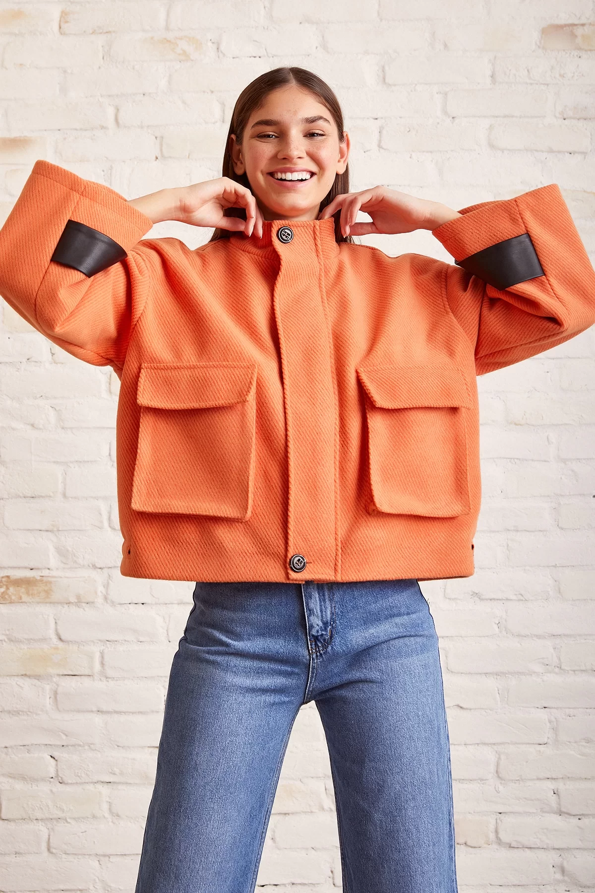 Cell Detailed Lace-Up Crop Jacket Orange