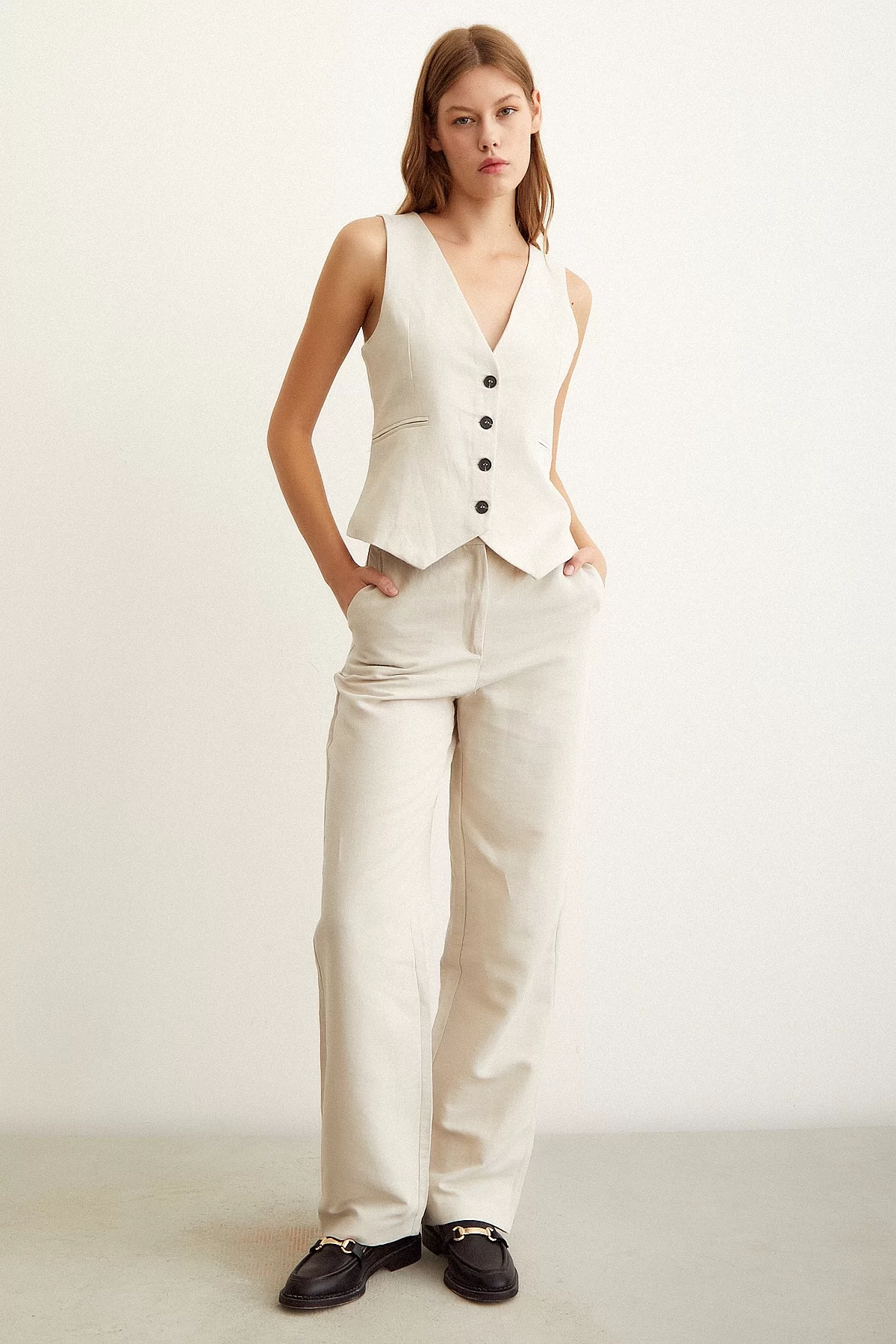 High Waist Linen Trousers Beige