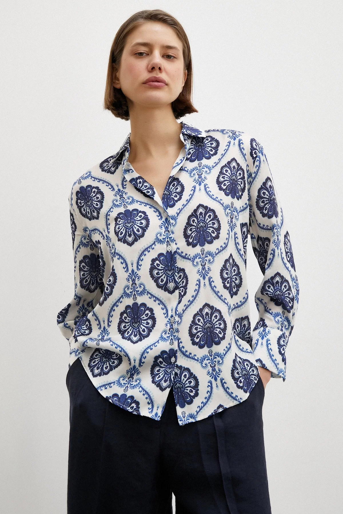 V Neck Shawl Pattern Shirt Navy