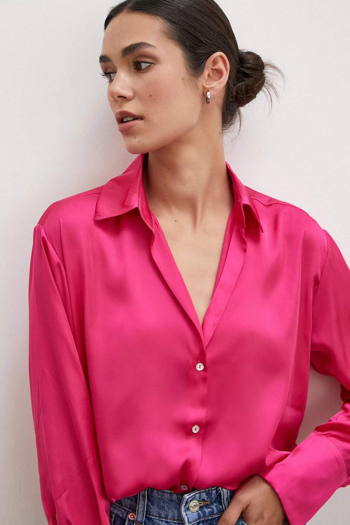 Basic Satin Bluse Fuchsia