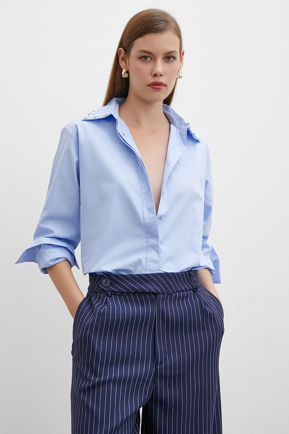 Yaka İncili Poplin Shirt Blue