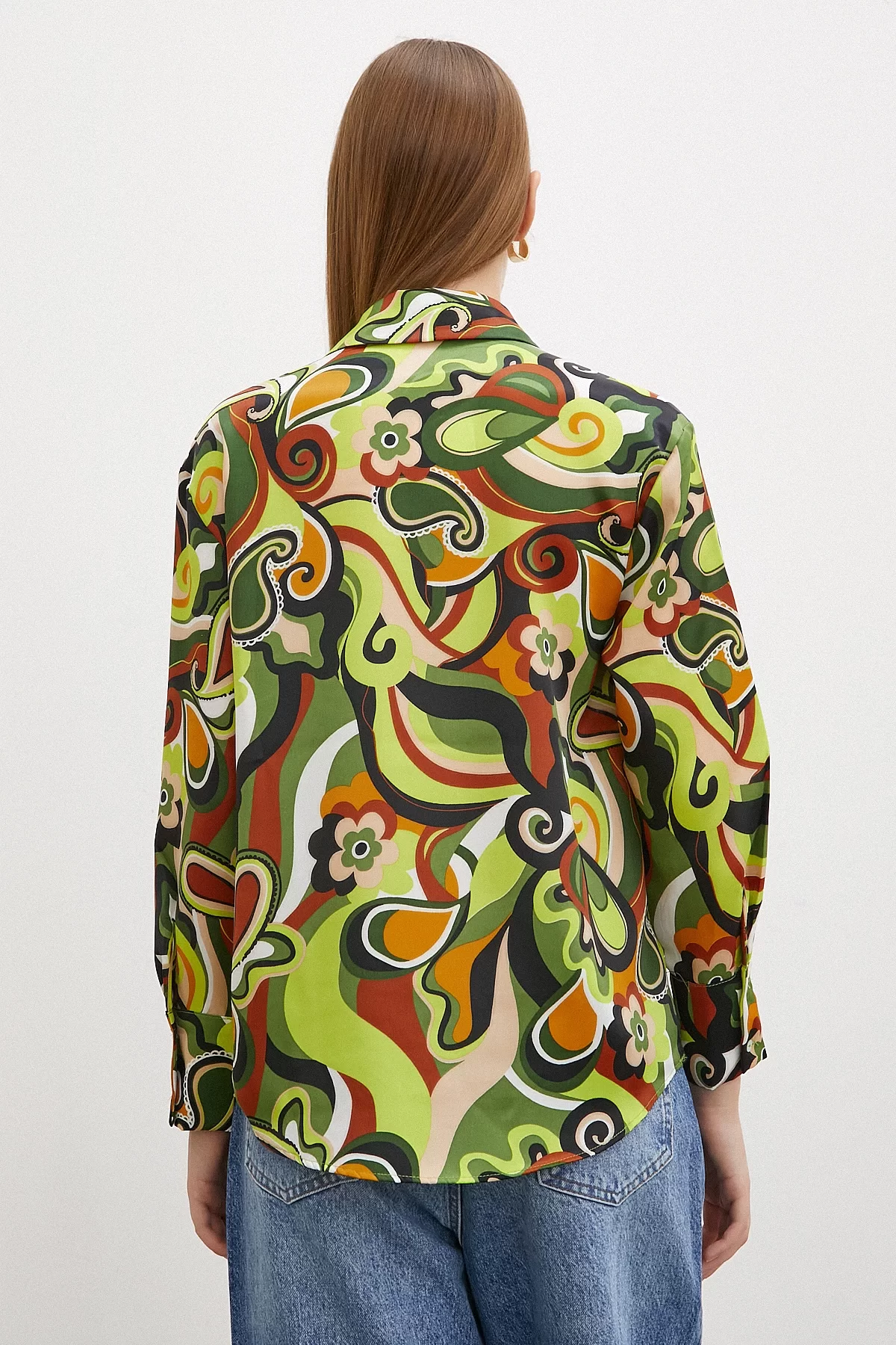 Marbled Patterned Satin Shirt Green