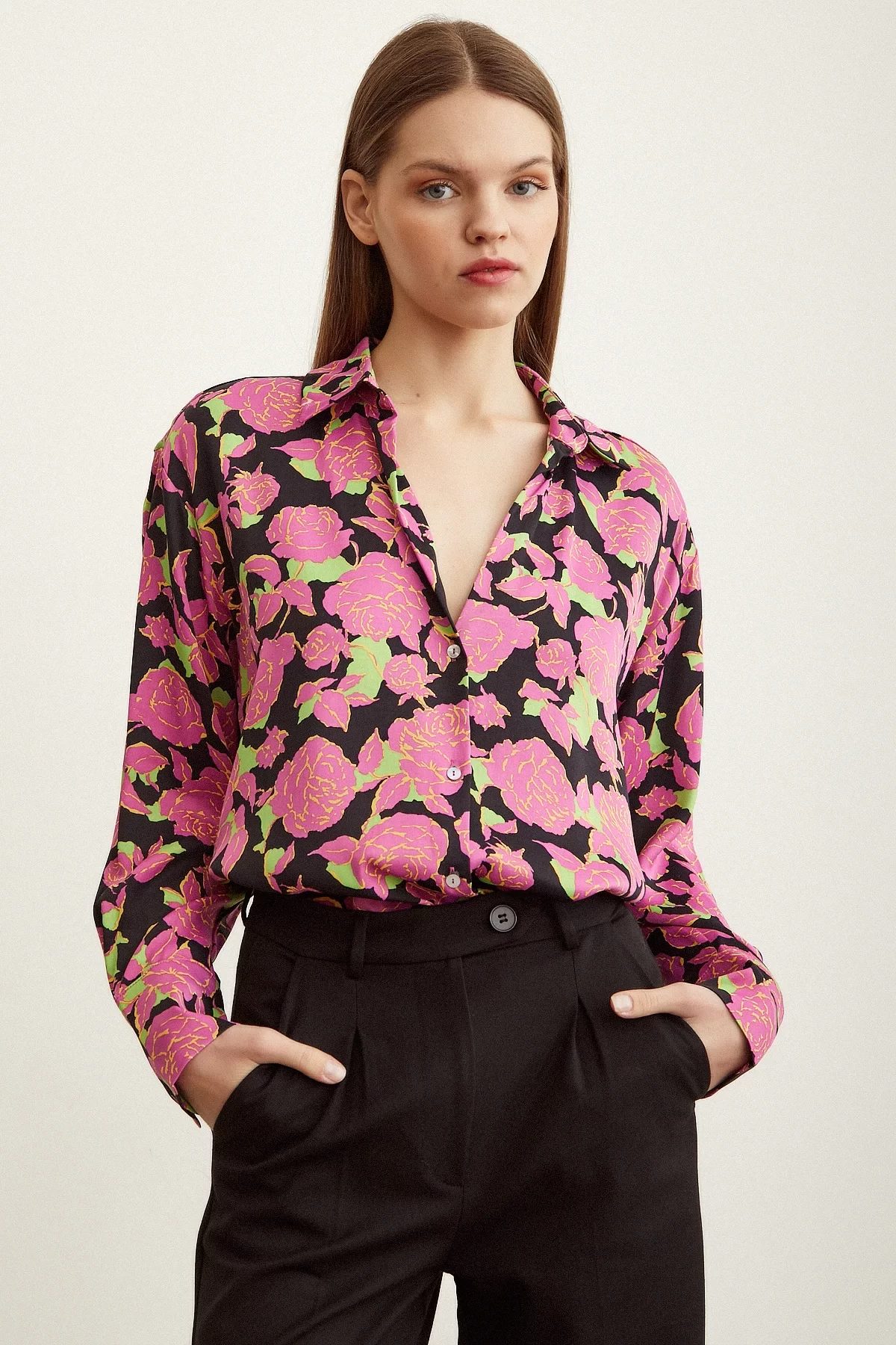 Satin Shirt with Rose Pattern Pink