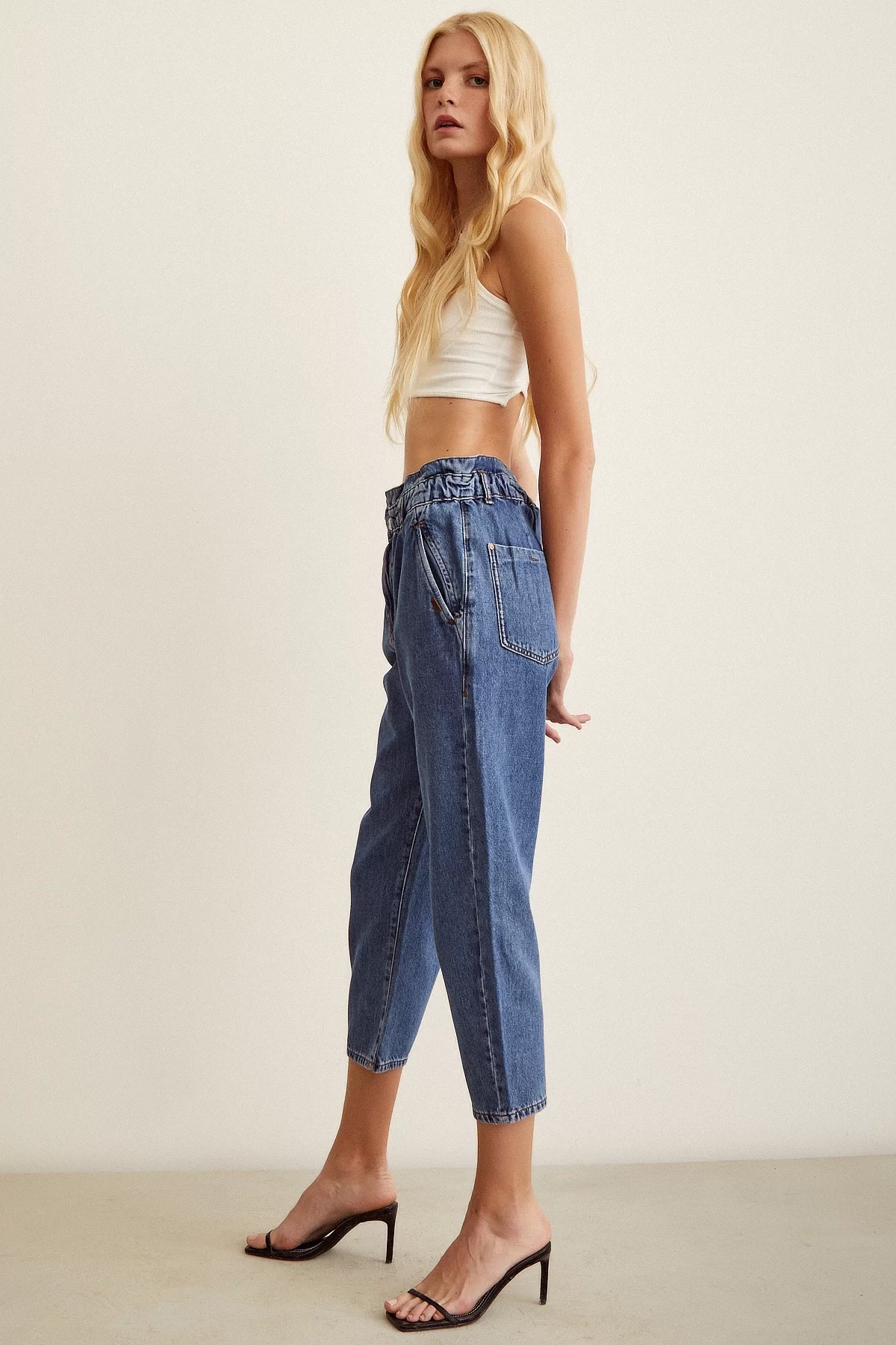 Elastic Waist Mom Jeans Blue