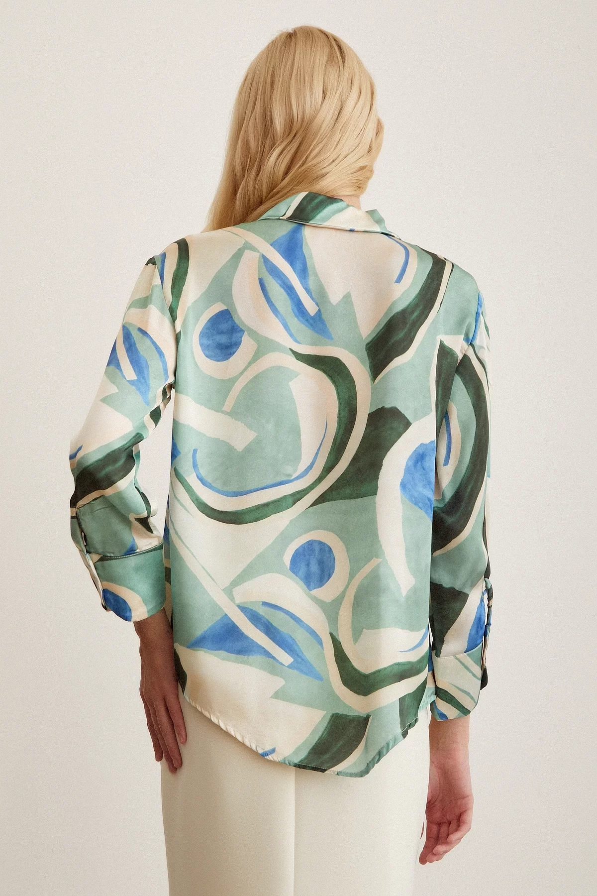 V Neck Patterned Satin Shirt Blue