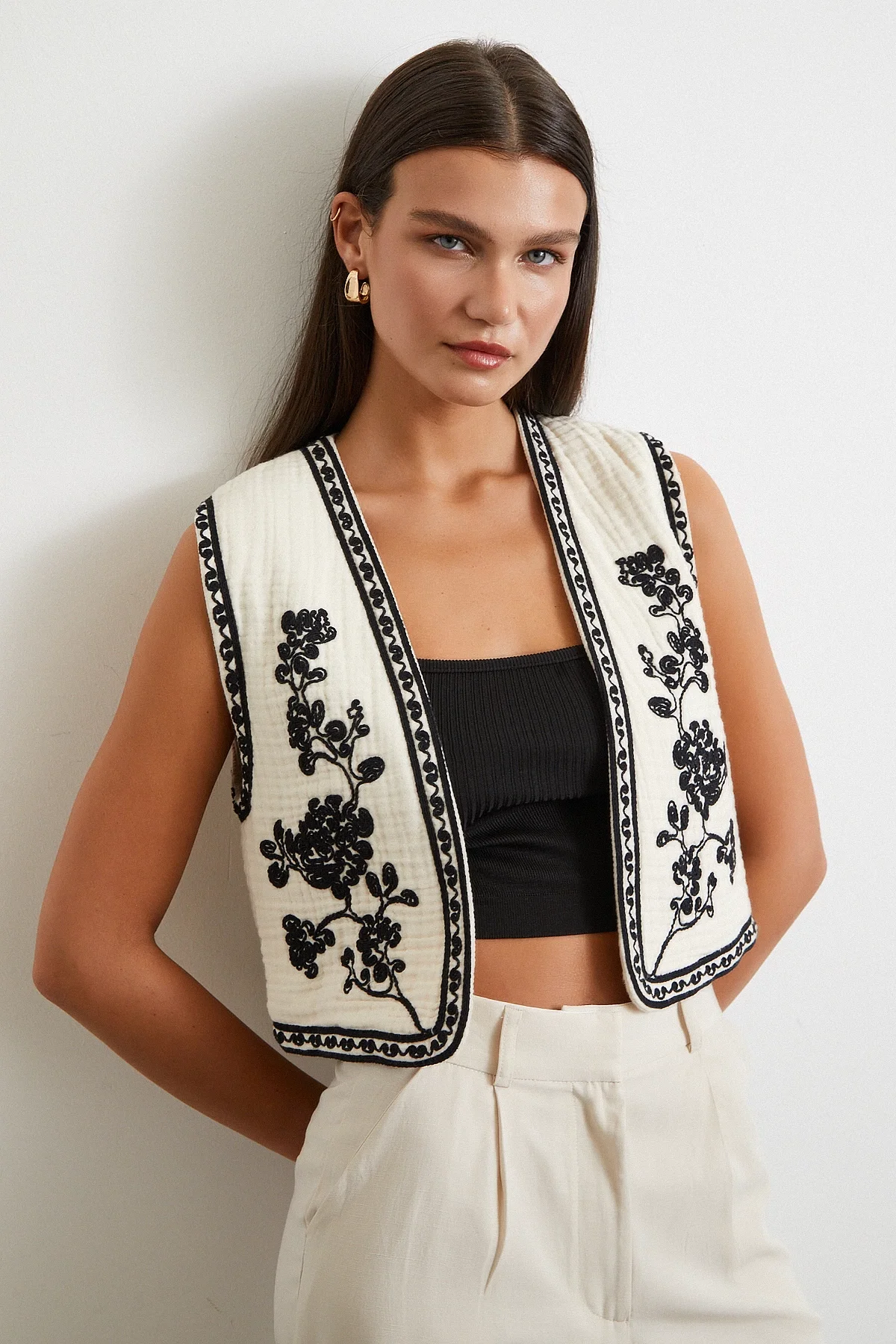 Nakışlı Oversize Yelek Krem