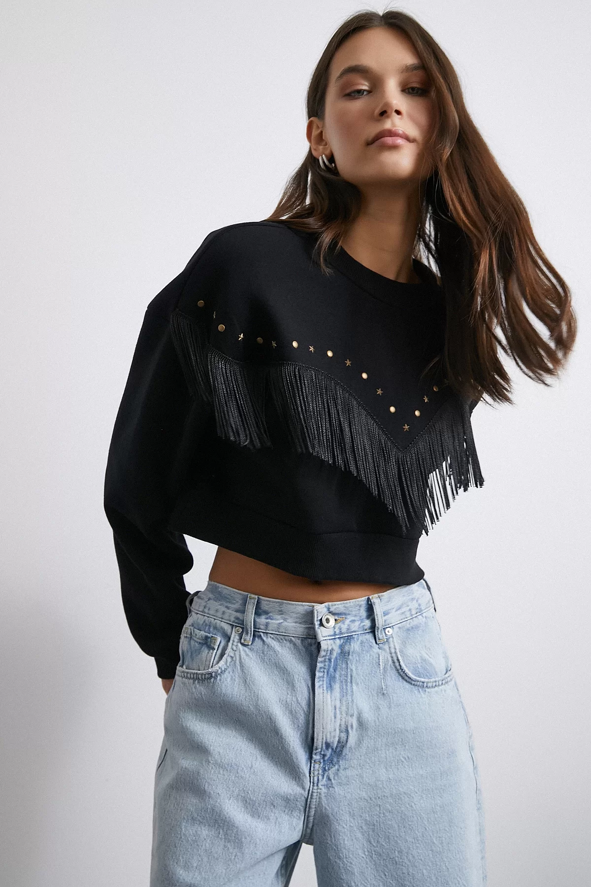 Püsküllü Crop Sweat Siyah