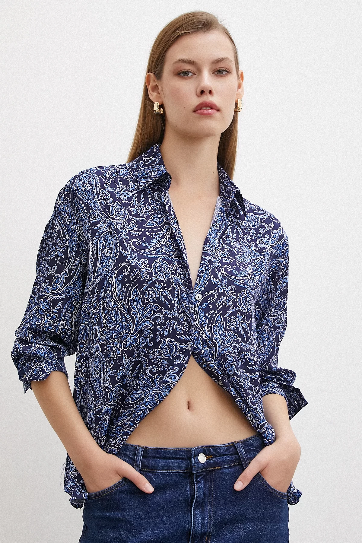 Satin Shirt with Shawl Pattern Navy