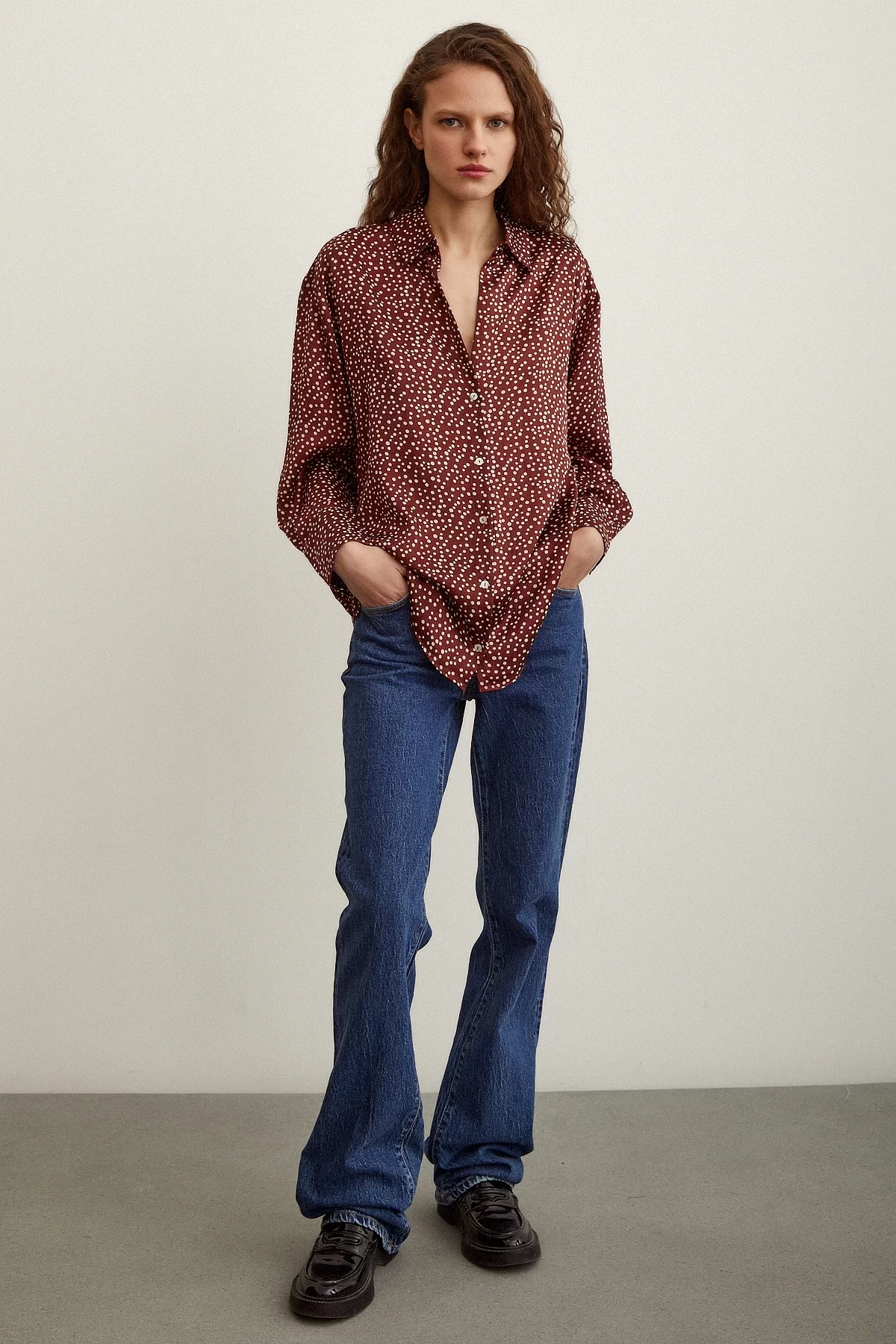 Polka Dot Patterned Satin Shirt Brick