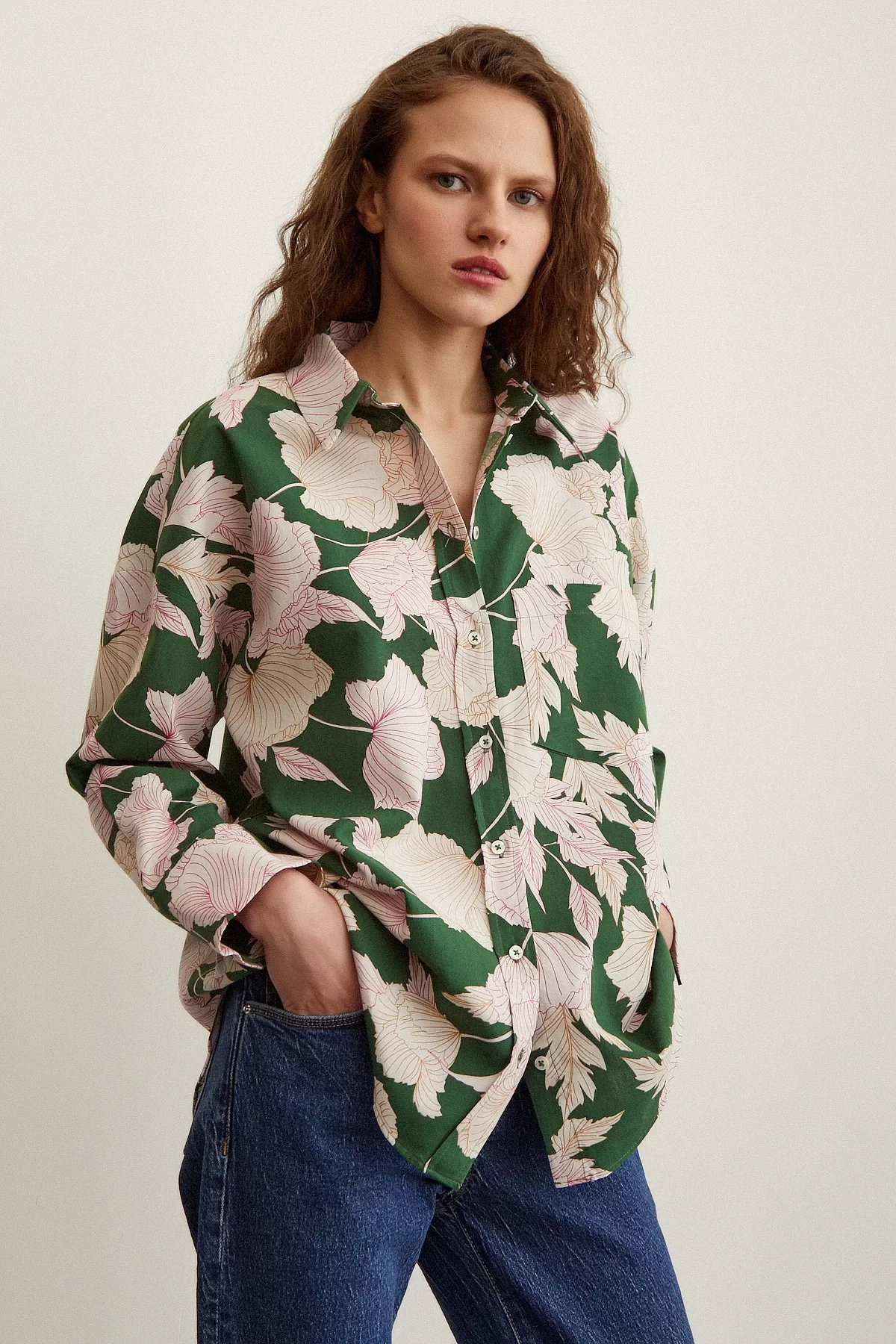 Floral Patterned Poplin Shirt Green