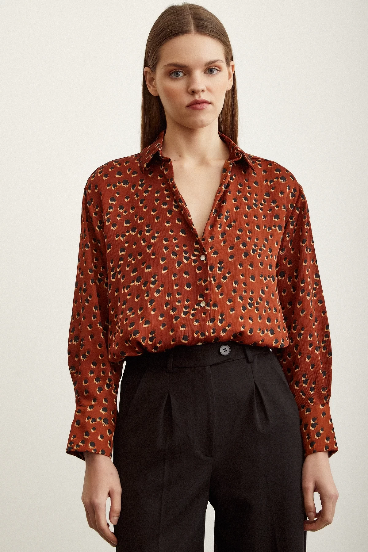 Polka Dot Patterned Satin Shirt in Light Brown