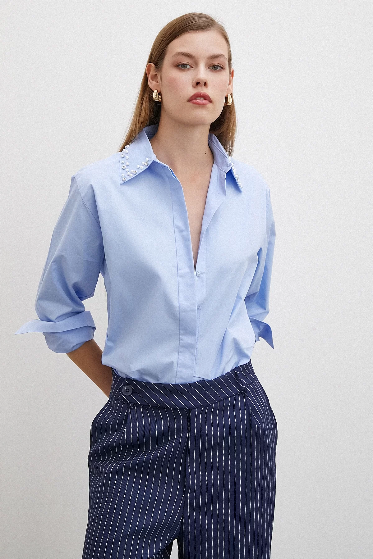 Yaka İncili Poplin Shirt Blue