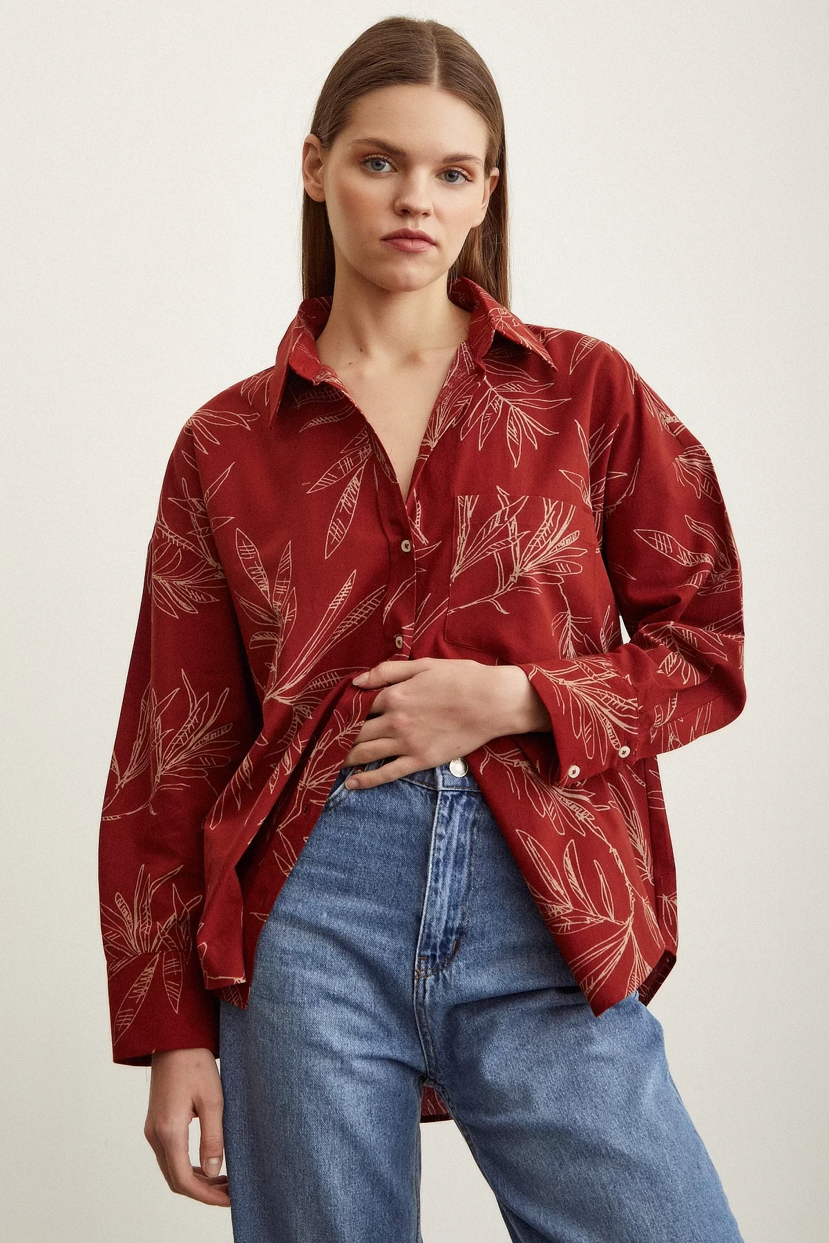 Flower Patterned Poplin Shirt in Terra Cotta Color