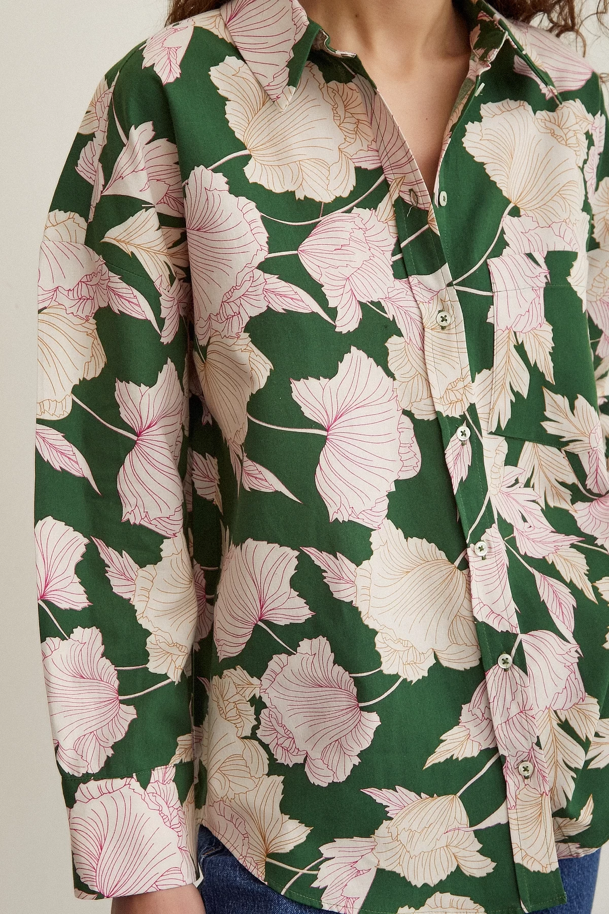 Floral Patterned Poplin Shirt Green