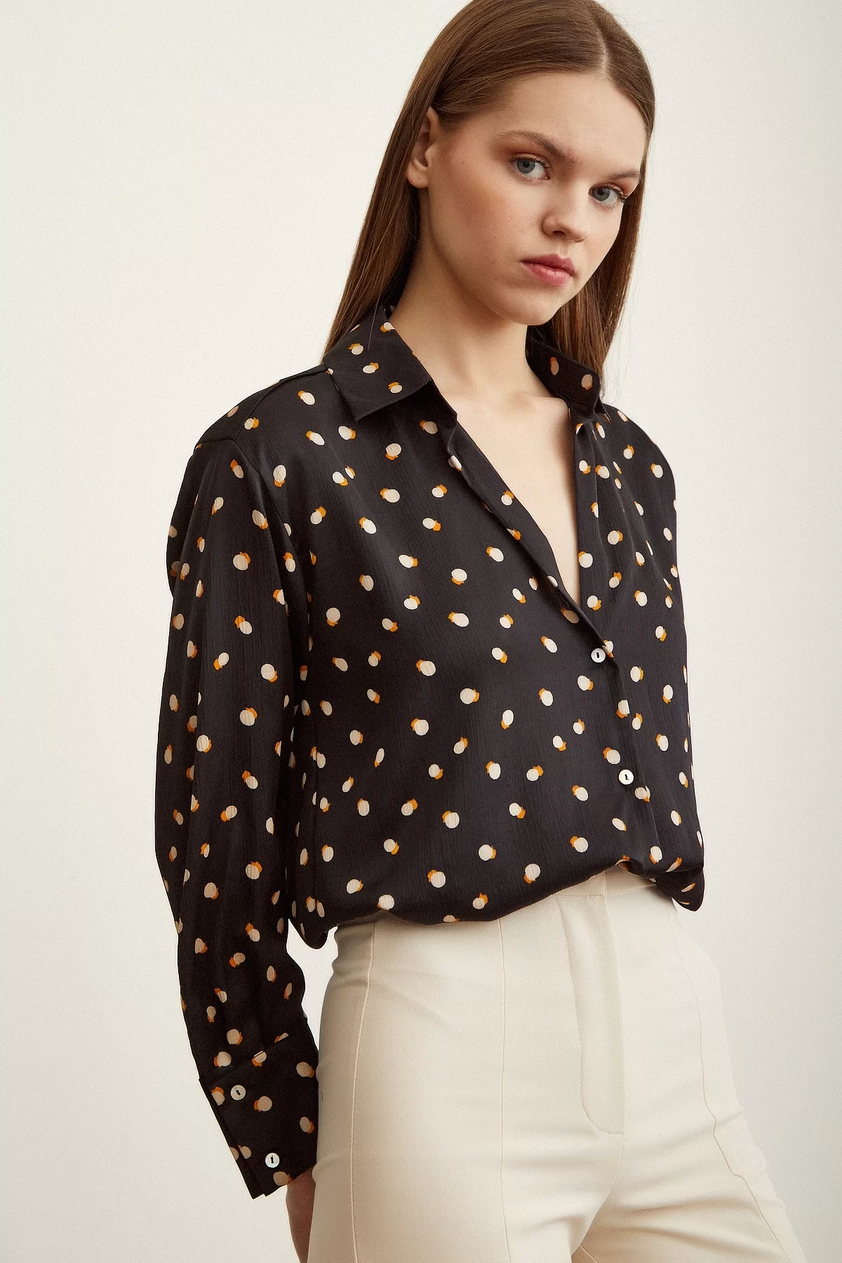 Polka Dot Patterned Satin Shirt Black