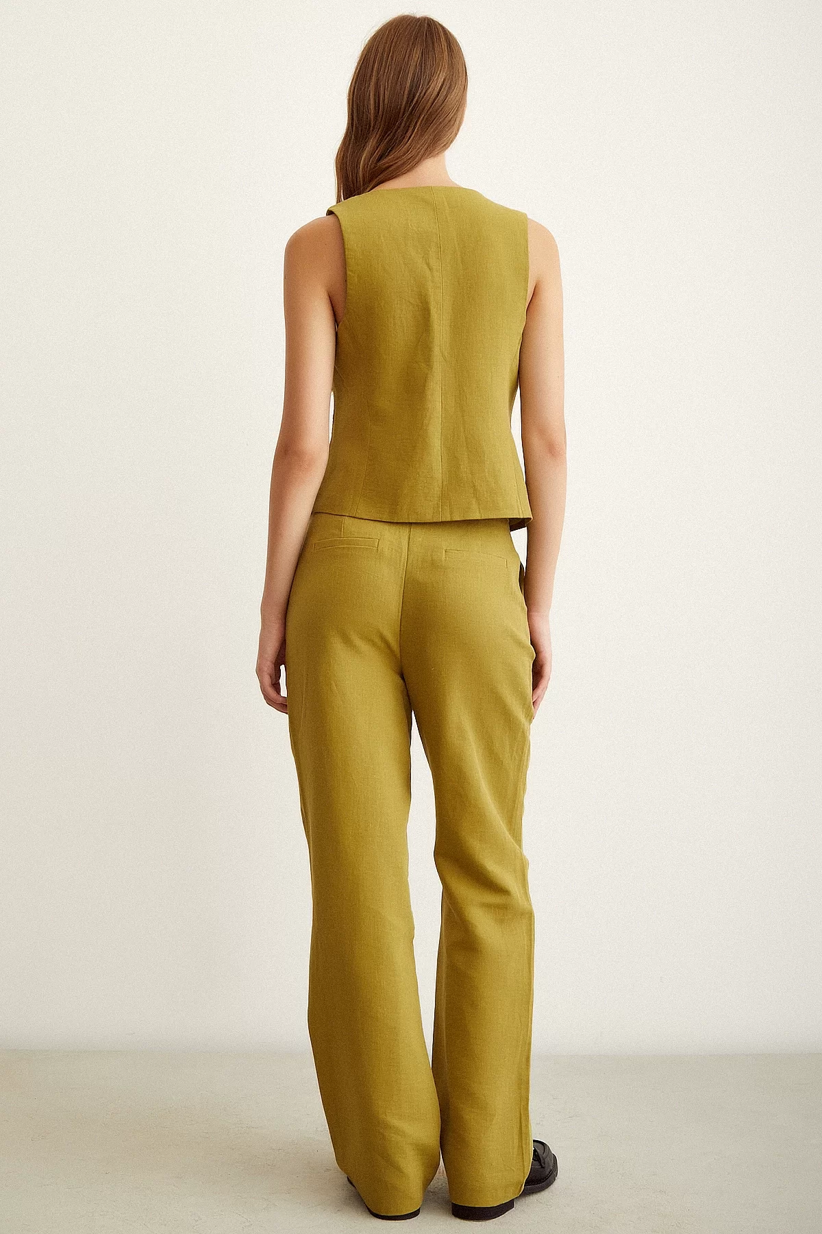 High Waist Linen Pants in Olive Green