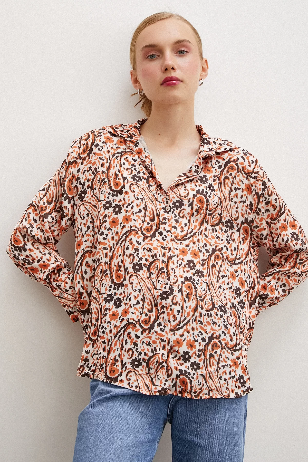 Patterned Waffle Satin Shirt Orange