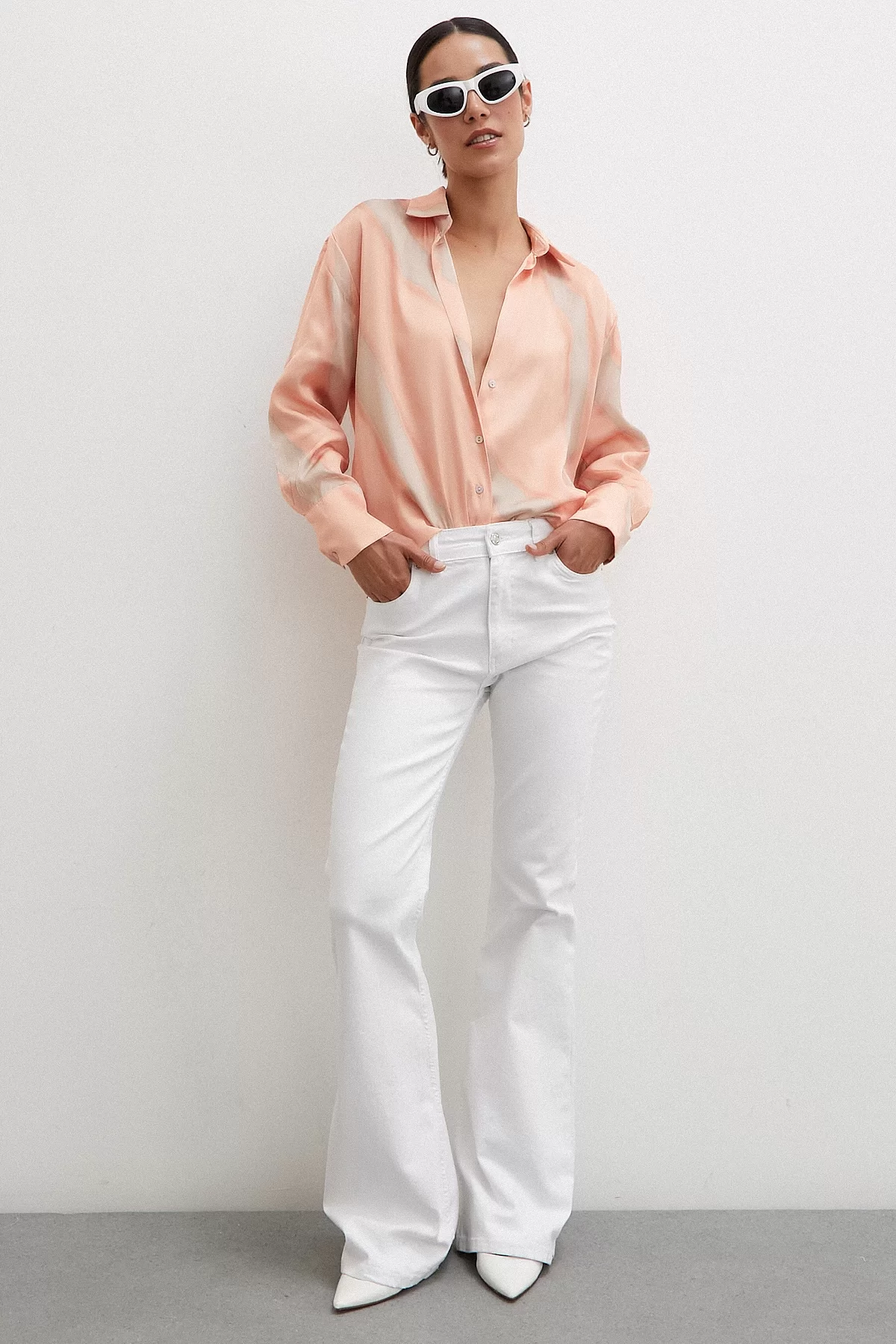 Patterned V-Neck Satin Shirt Salmon