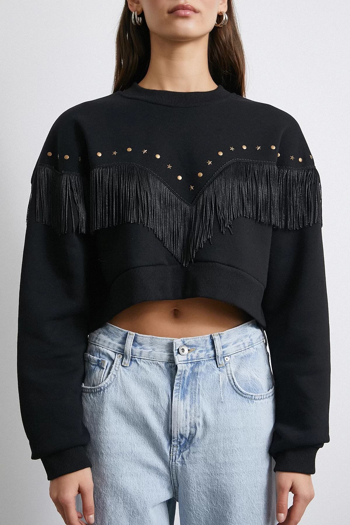 Püsküllü Crop Sweat Siyah