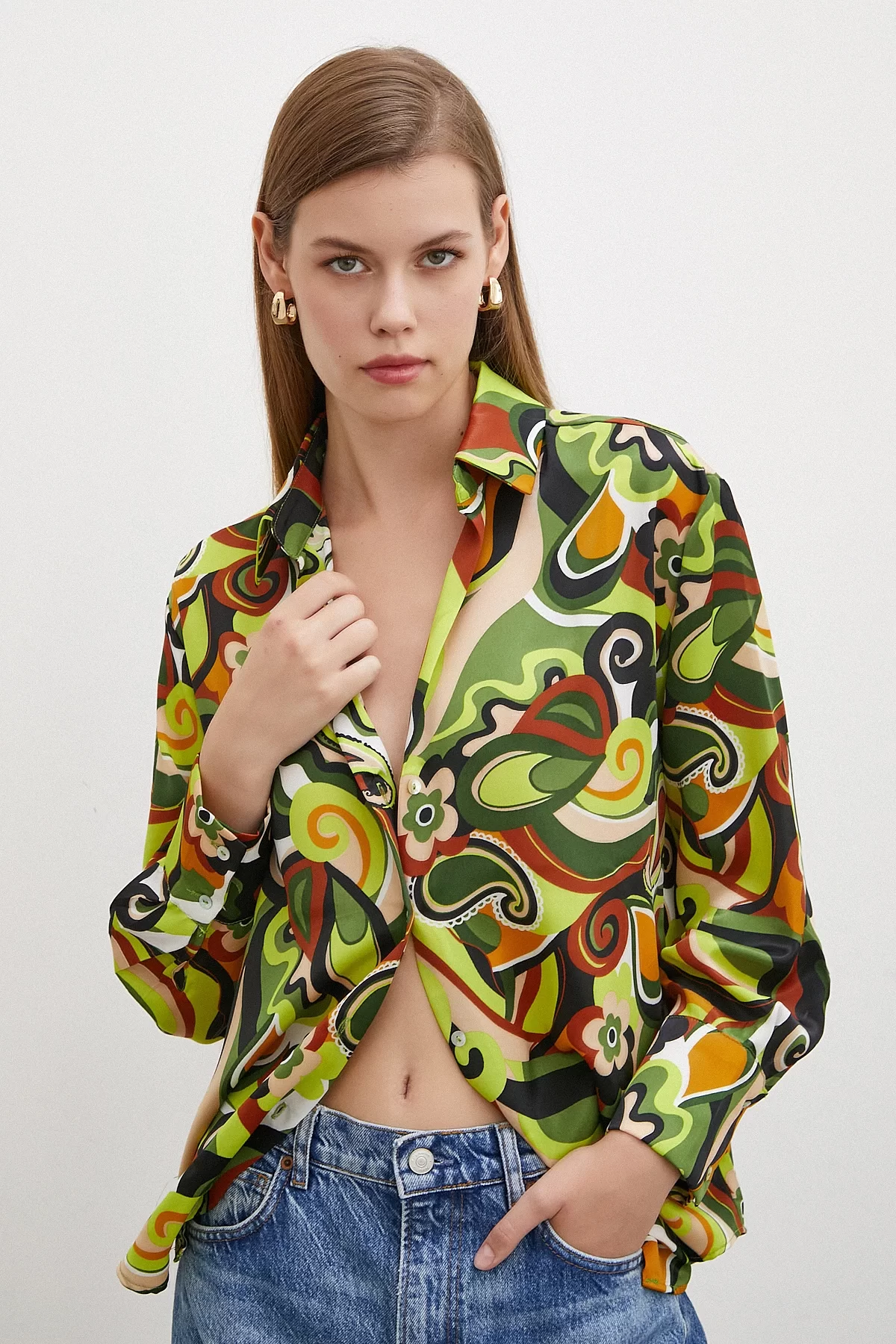 Marbled Patterned Satin Shirt Green