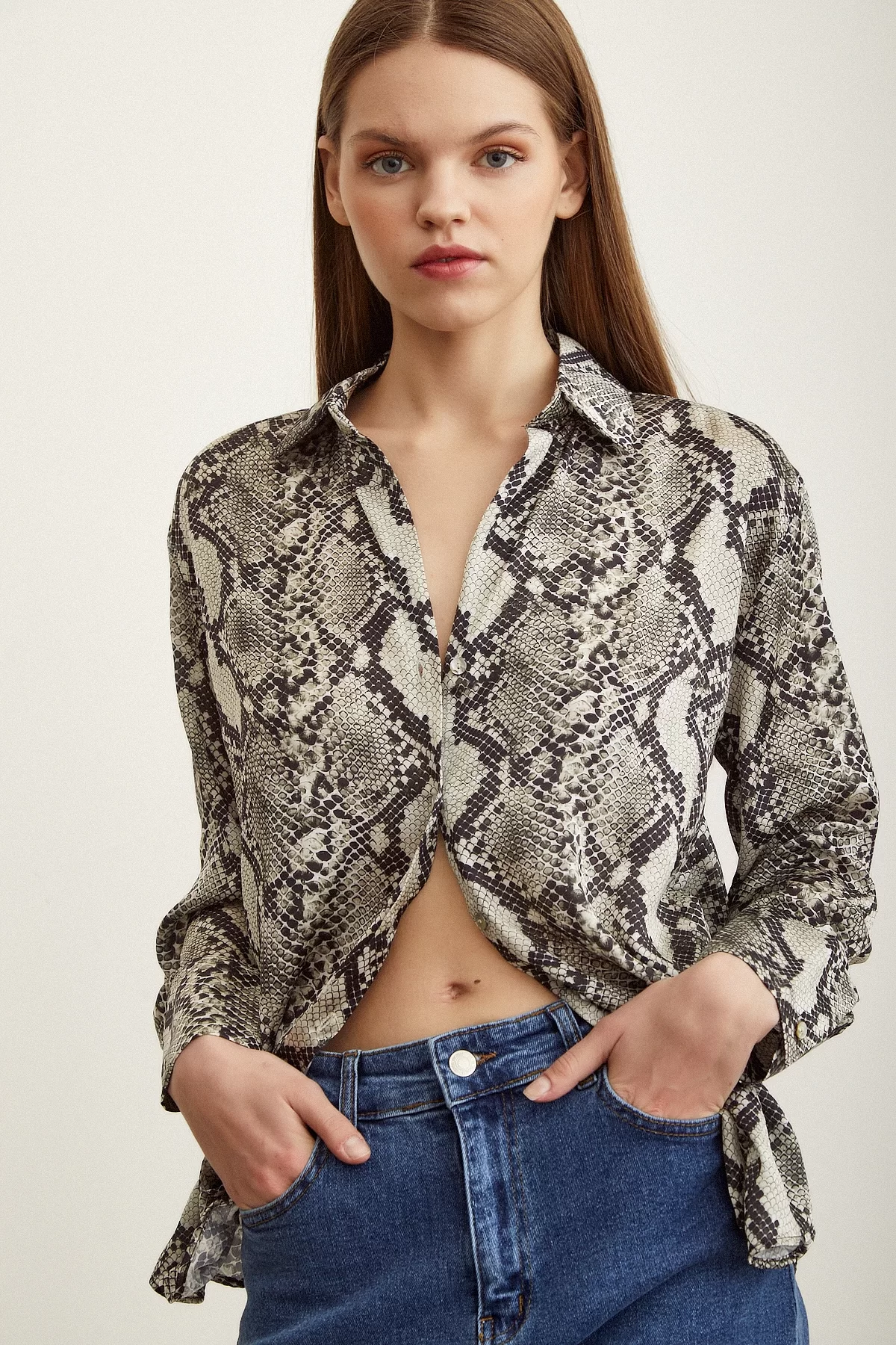 Snake Pattern Satin Shirt Stone