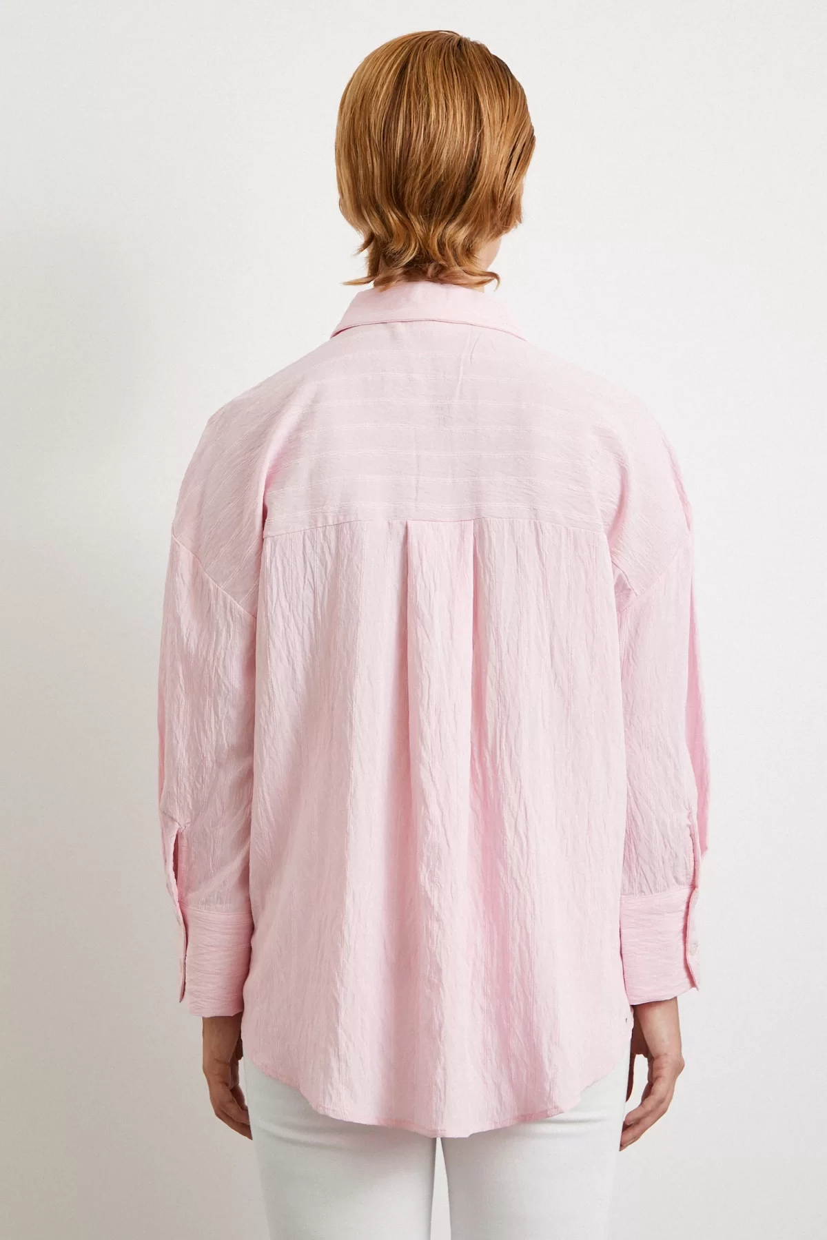 Kabartma Çizgili Oversize Gömlek Pembe