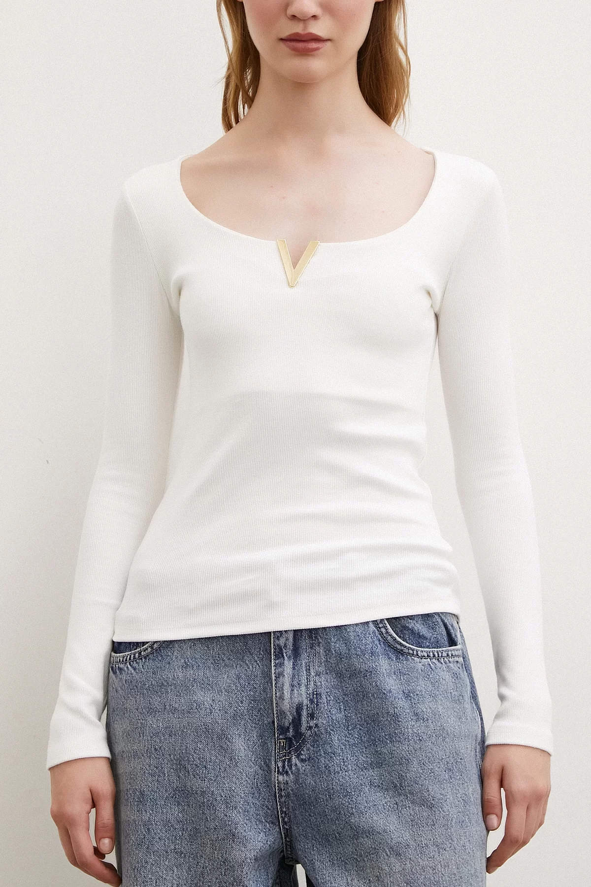 V Neck Long Sleeve Blouse White