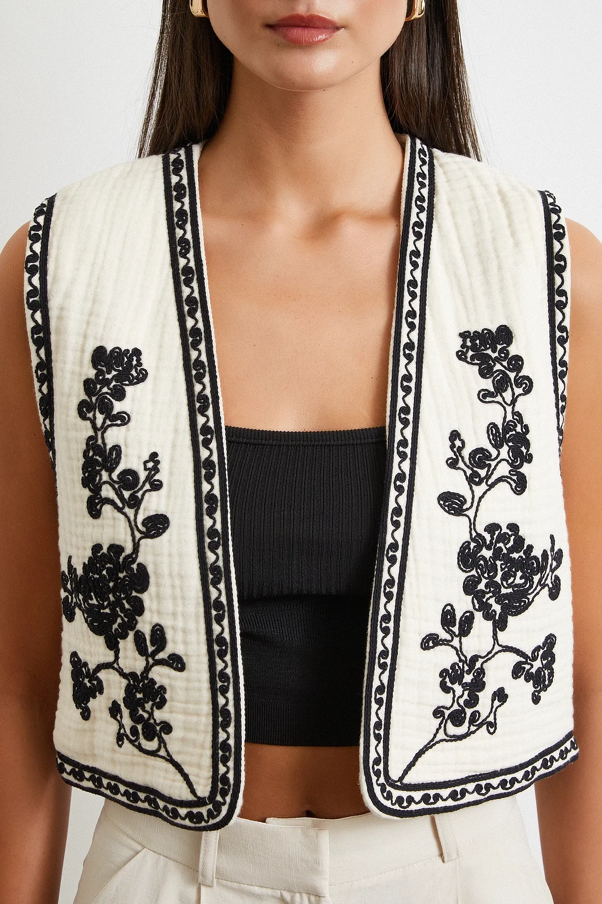 Nakışlı Oversize Yelek Krem