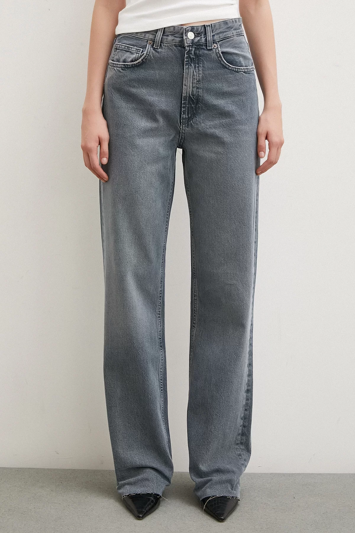 High Waist Cut-off Wide Leg Jean Smoke