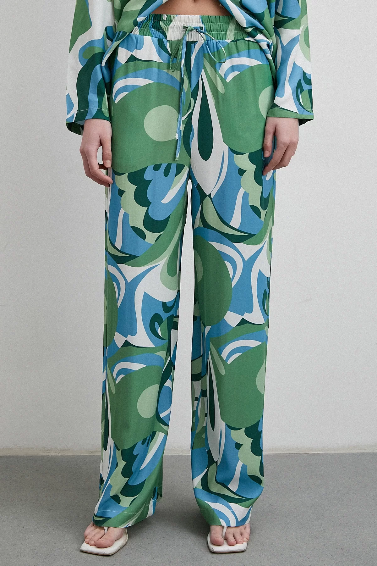 Elastic Waist Patterned Trousers Green