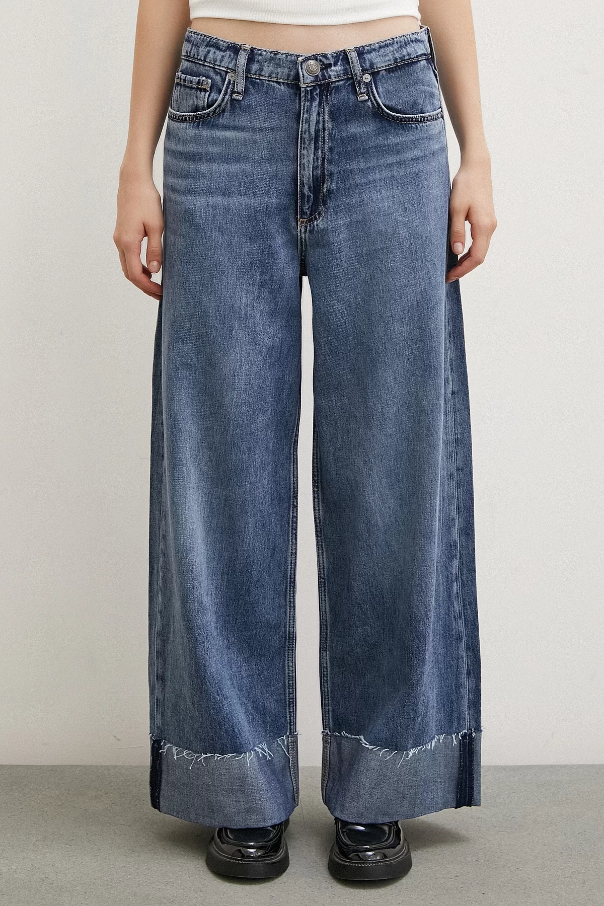 High Waist Folded Wide Leg Jeans Blue