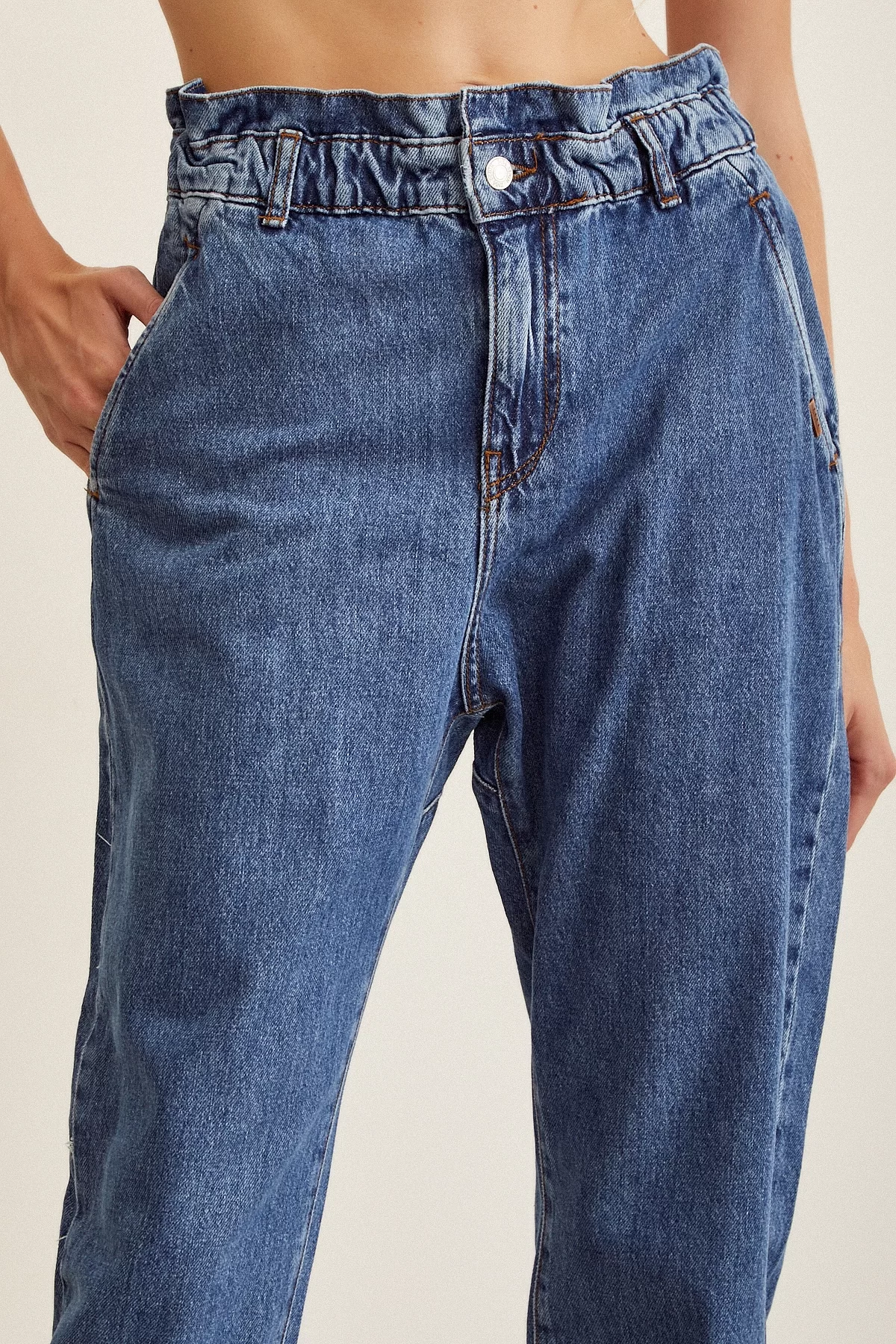 Elastic Waist Mom Jeans Blue