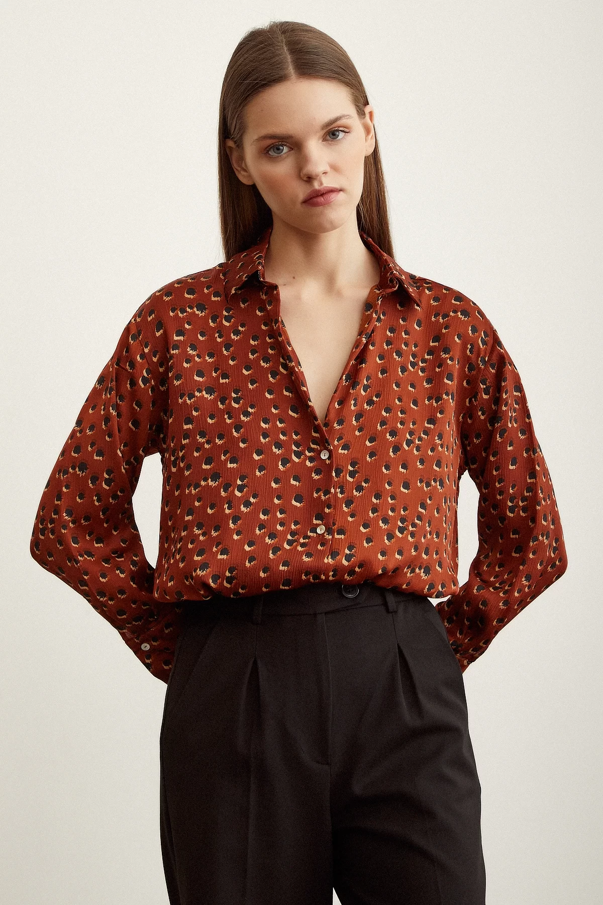 Polka Dot Patterned Satin Shirt in Light Brown