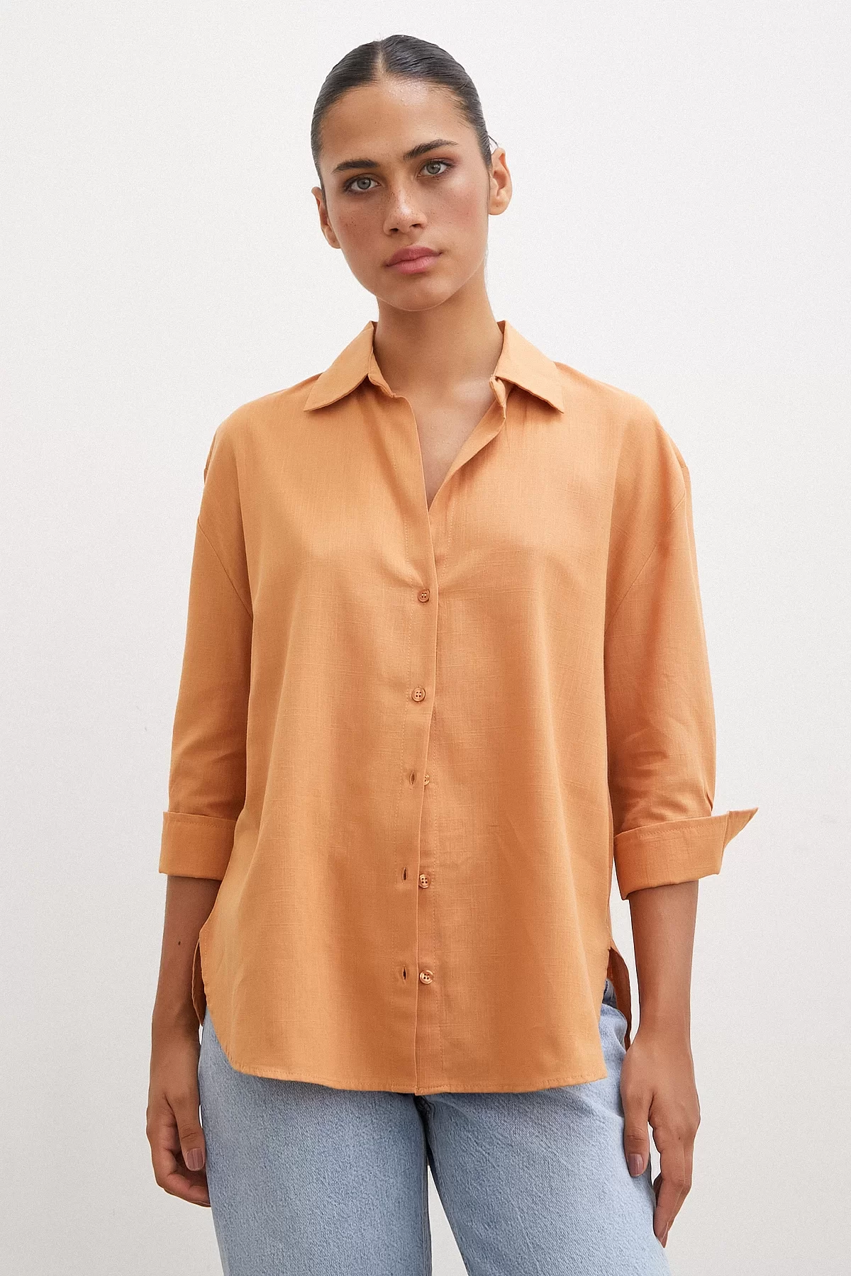 Wide Collar Linen Shirt Brown