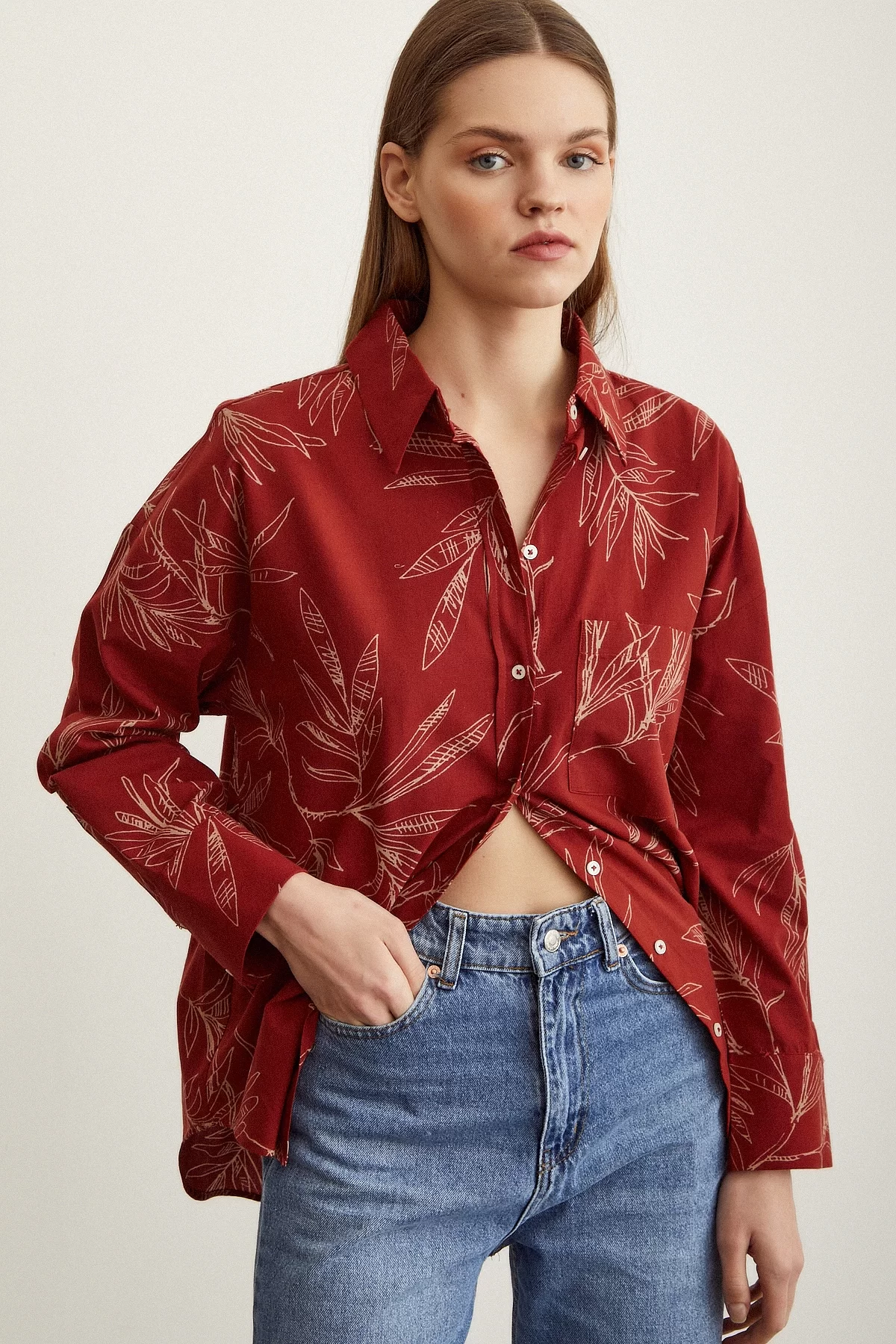 Flower Patterned Poplin Shirt in Terra Cotta Color