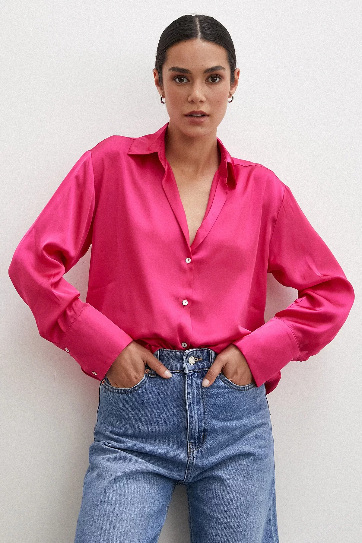 Basic Satin Bluse Fuchsia