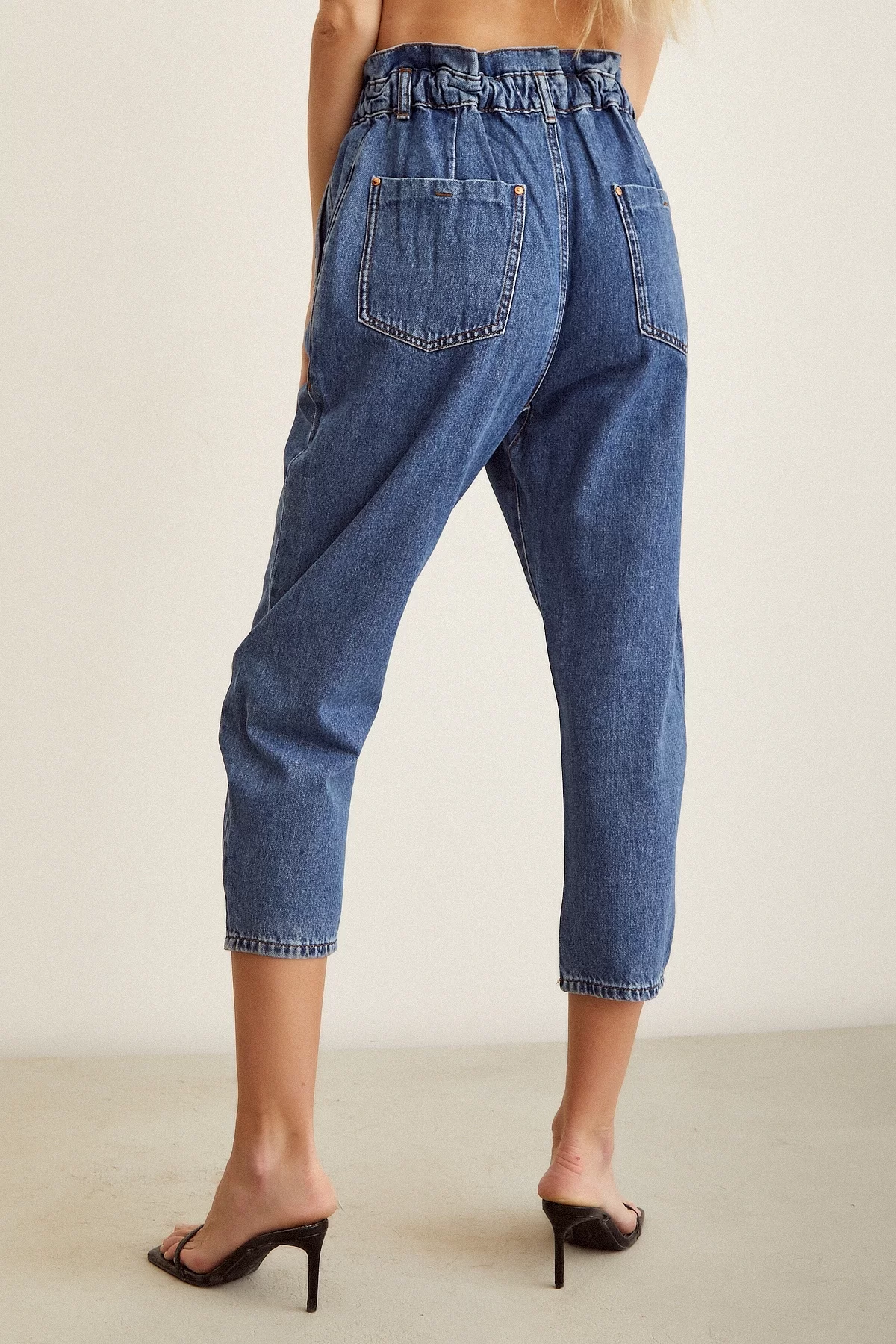 Elastic Waist Mom Jeans Blue