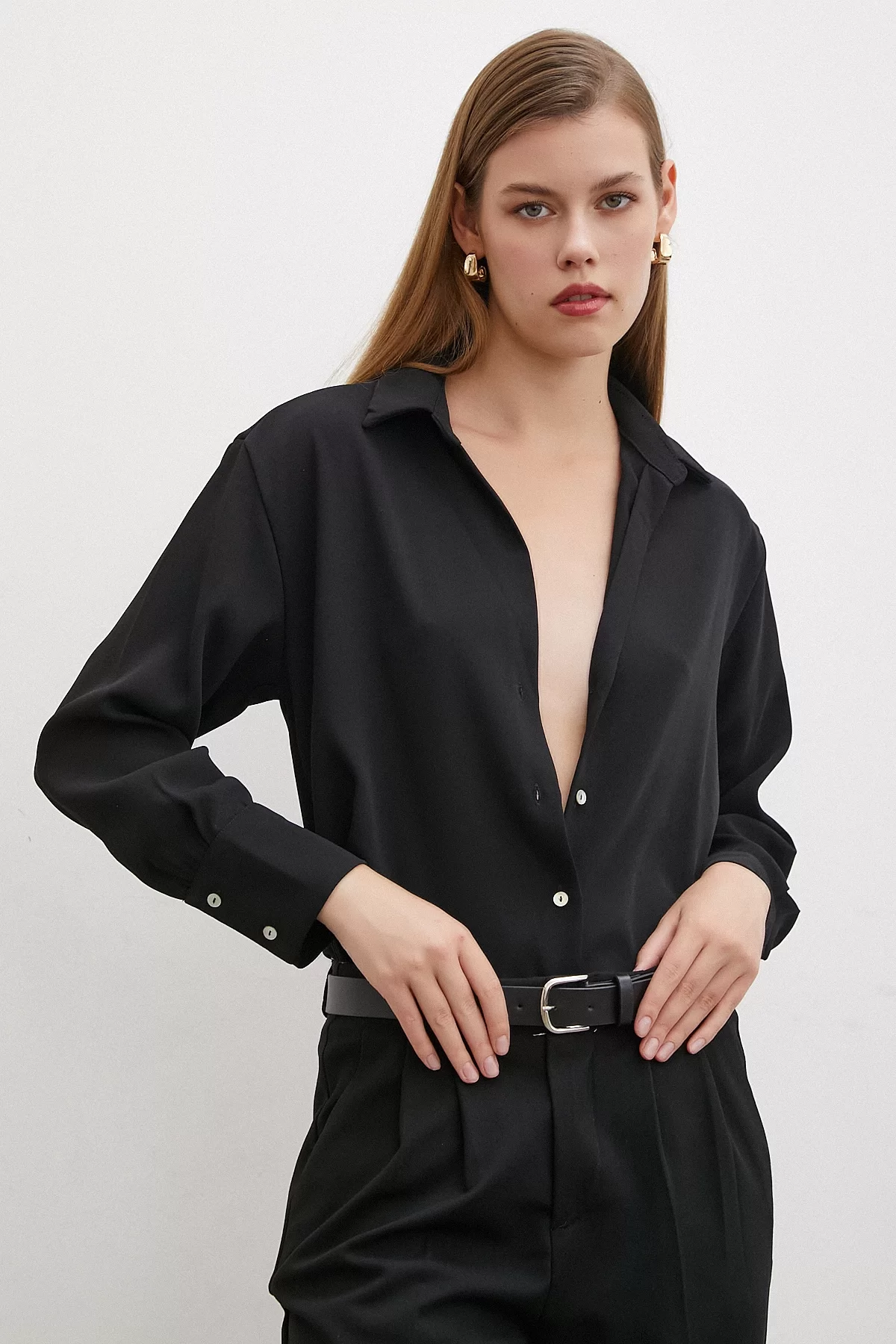 V Neck Polyester Shirt Black