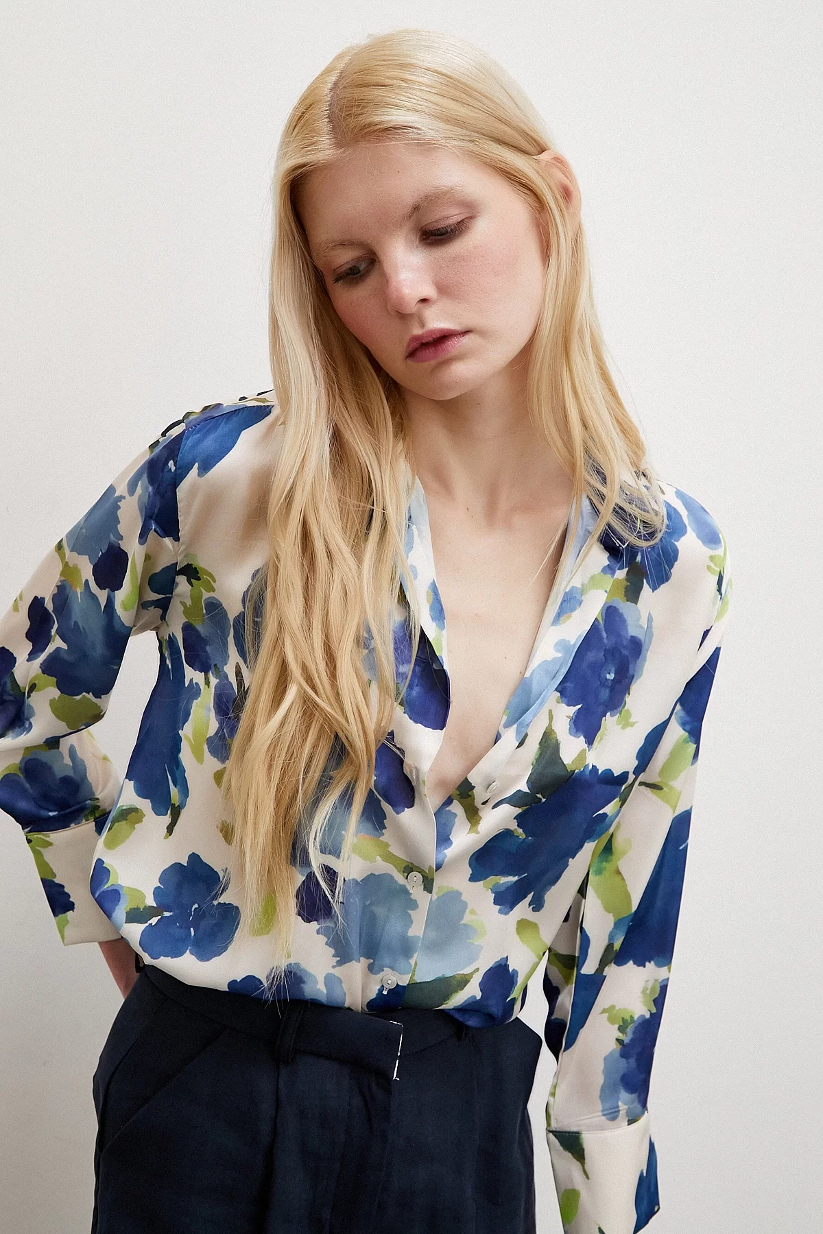 Multicolored Floral Patterned Shirt Blue