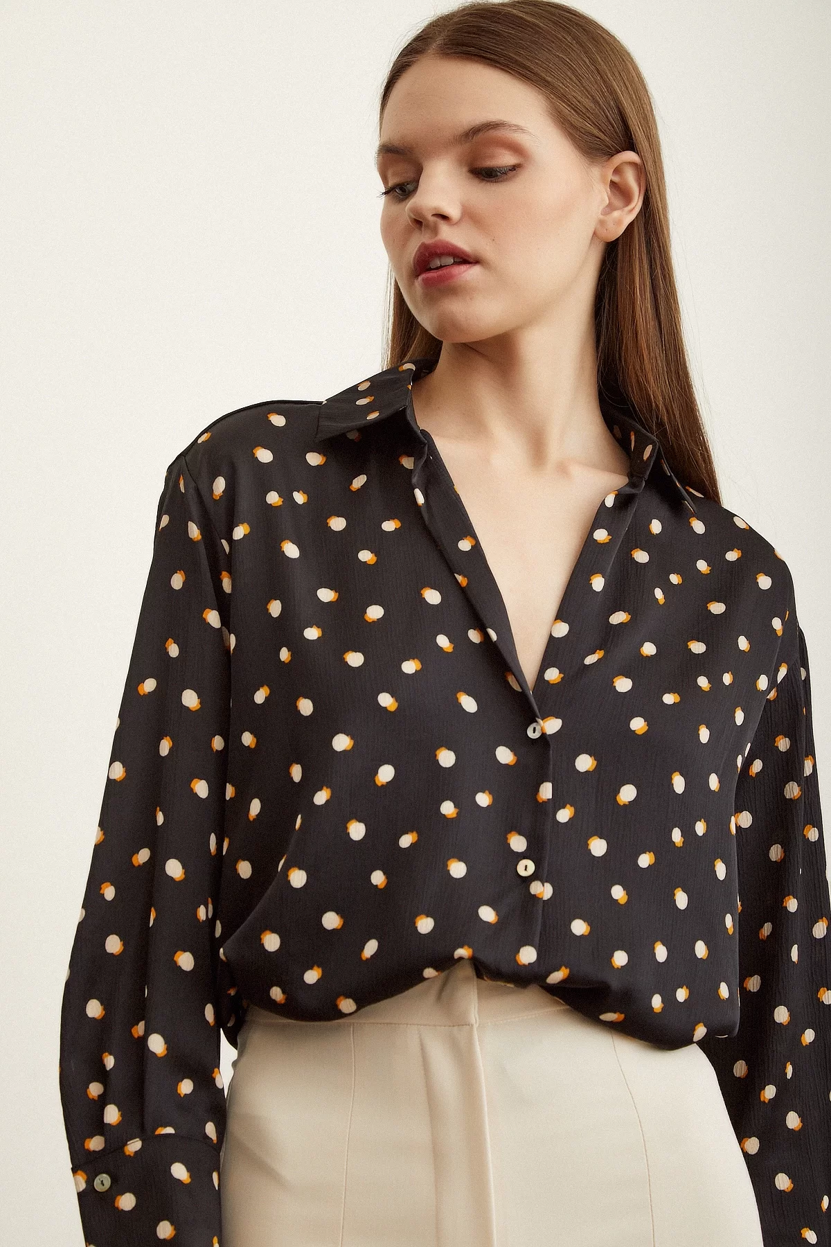 Polka Dot Patterned Satin Shirt Black