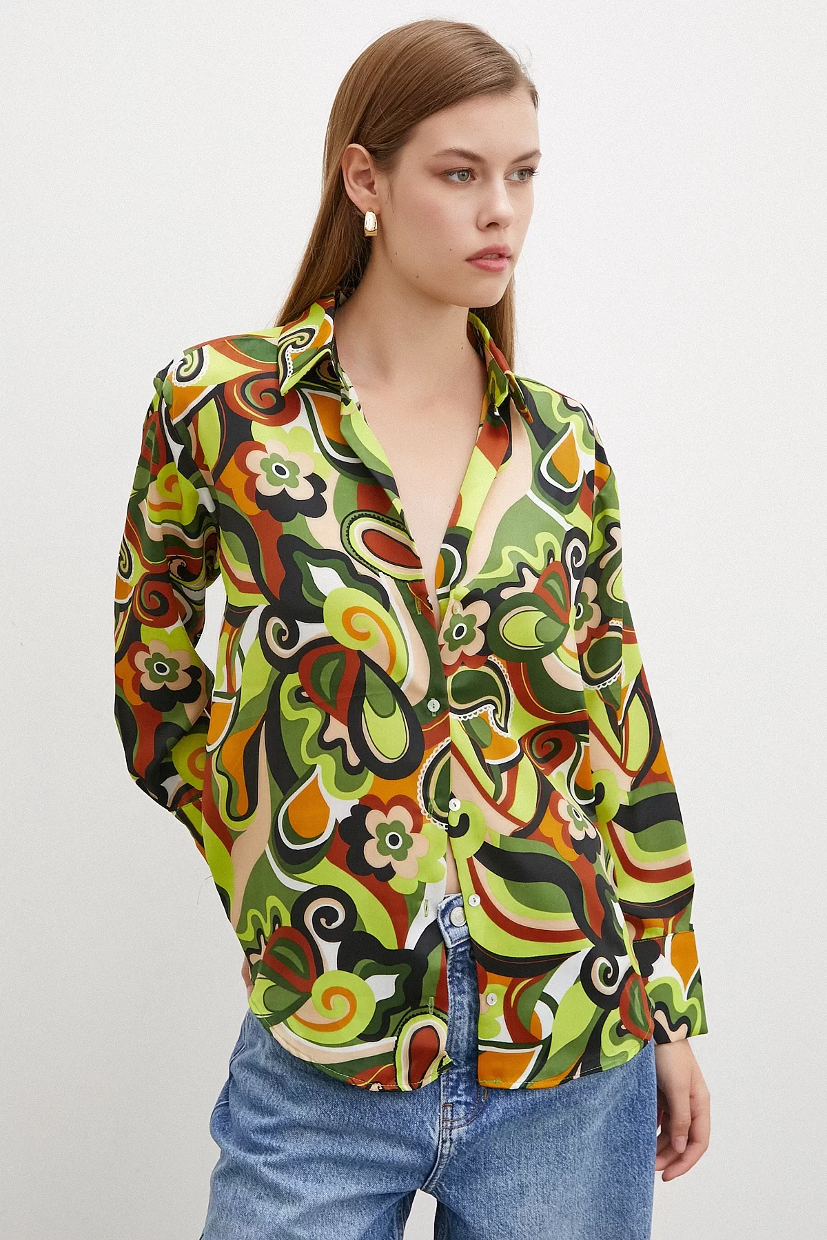 Marbled Patterned Satin Shirt Green