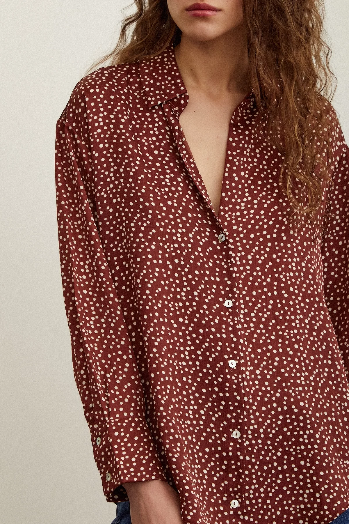 Polka Dot Patterned Satin Shirt Brick