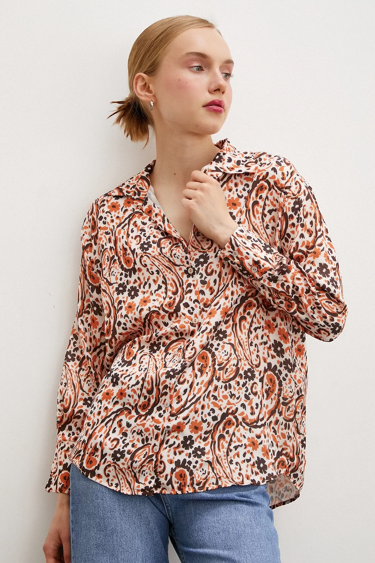 Patterned Waffle Satin Shirt Orange