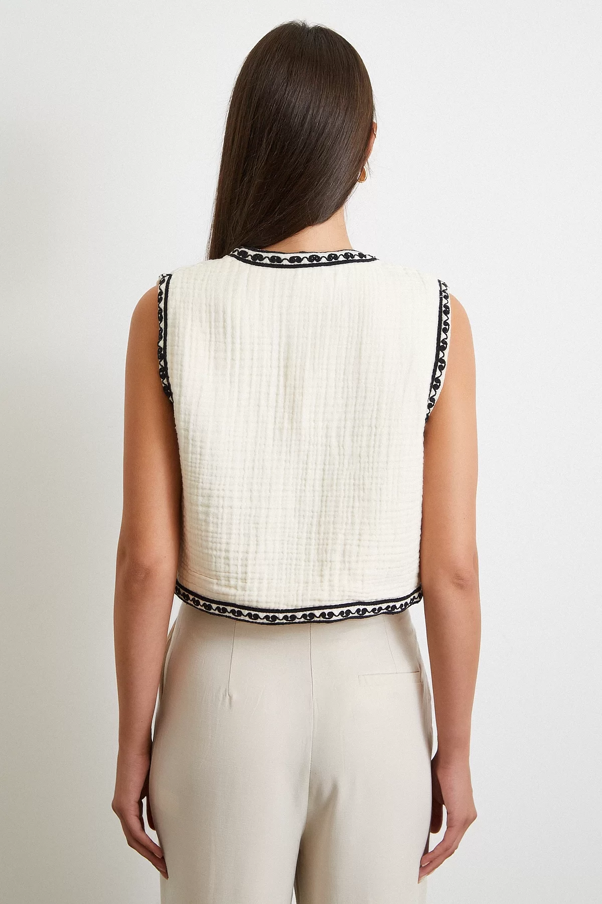 Nakışlı Oversize Yelek Krem