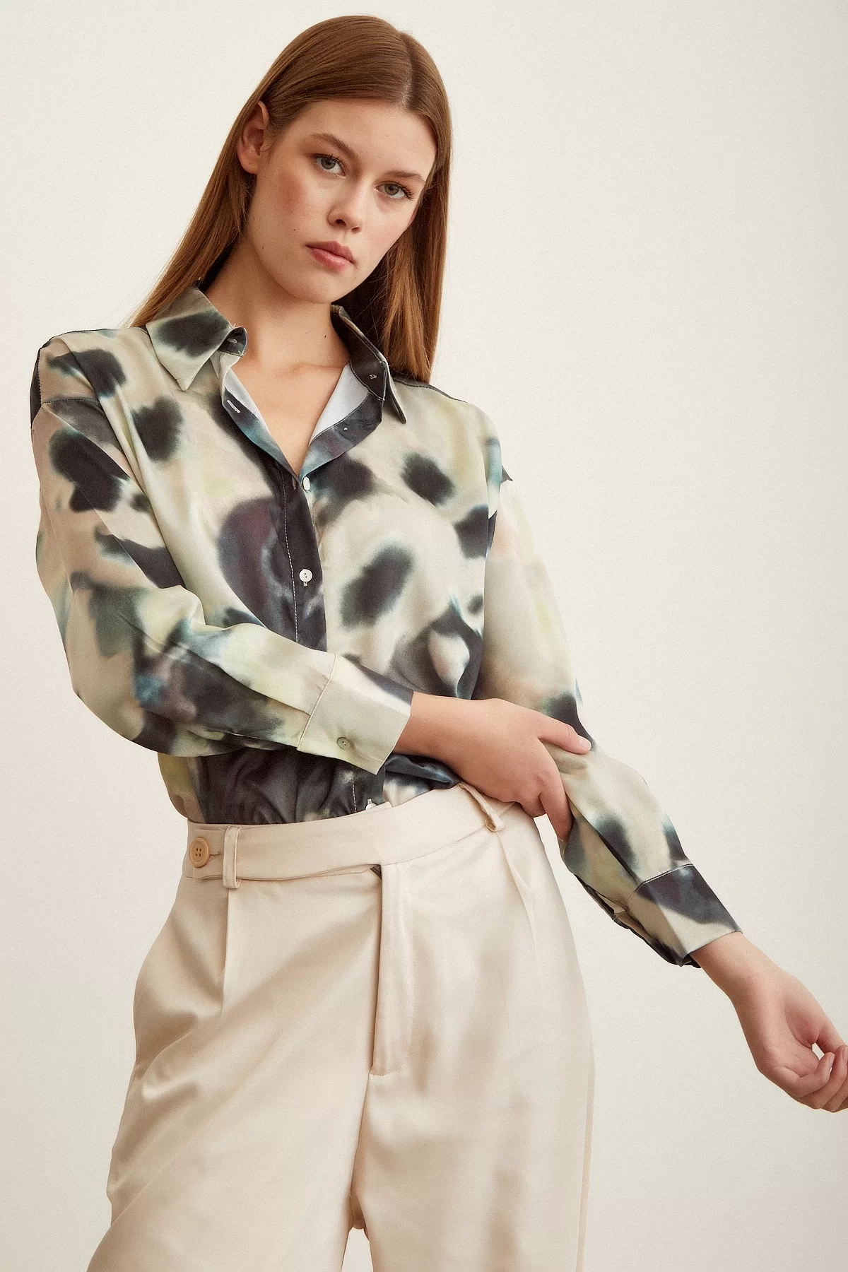 Batik Pattern Satin Shirt in Petrol