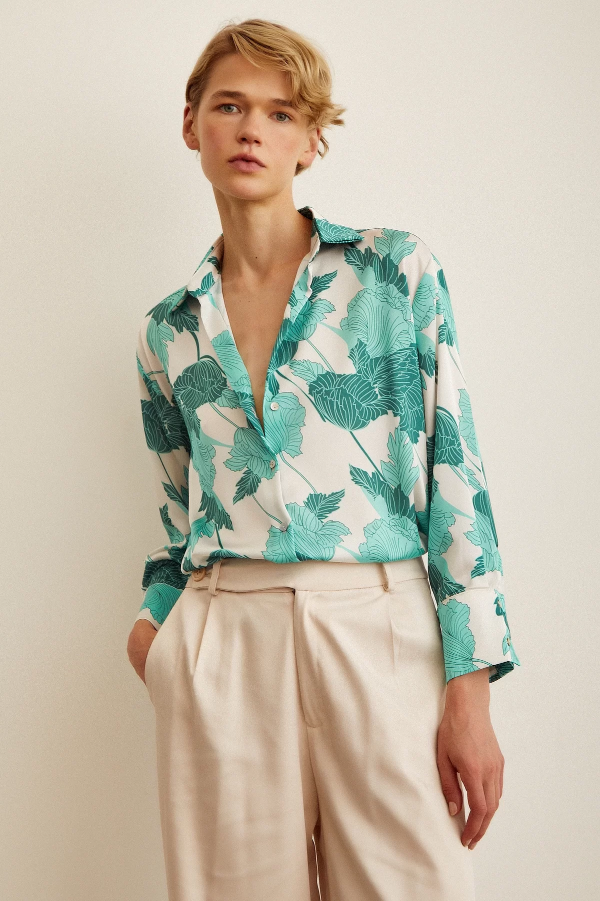 V Neck Satin Shirt Green