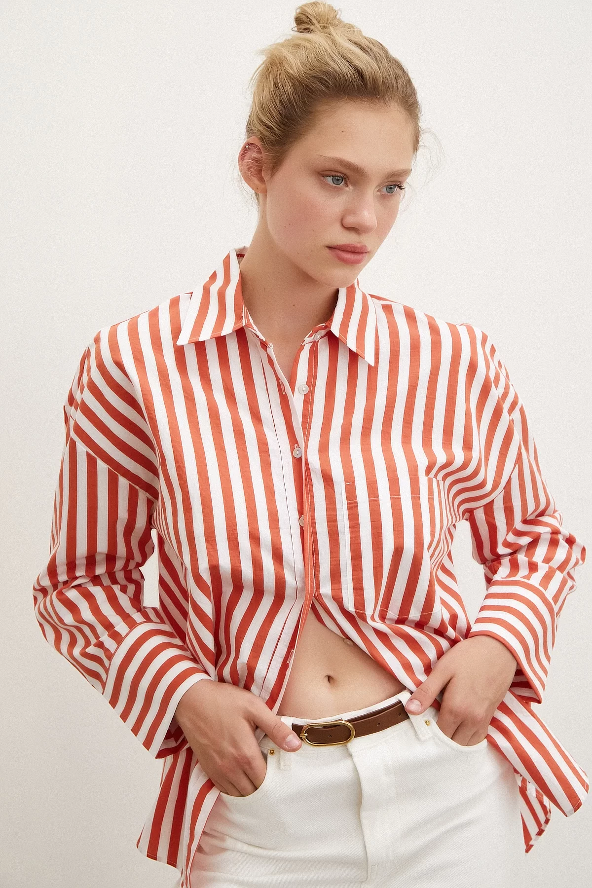 Pocket Striped Shirt Orange